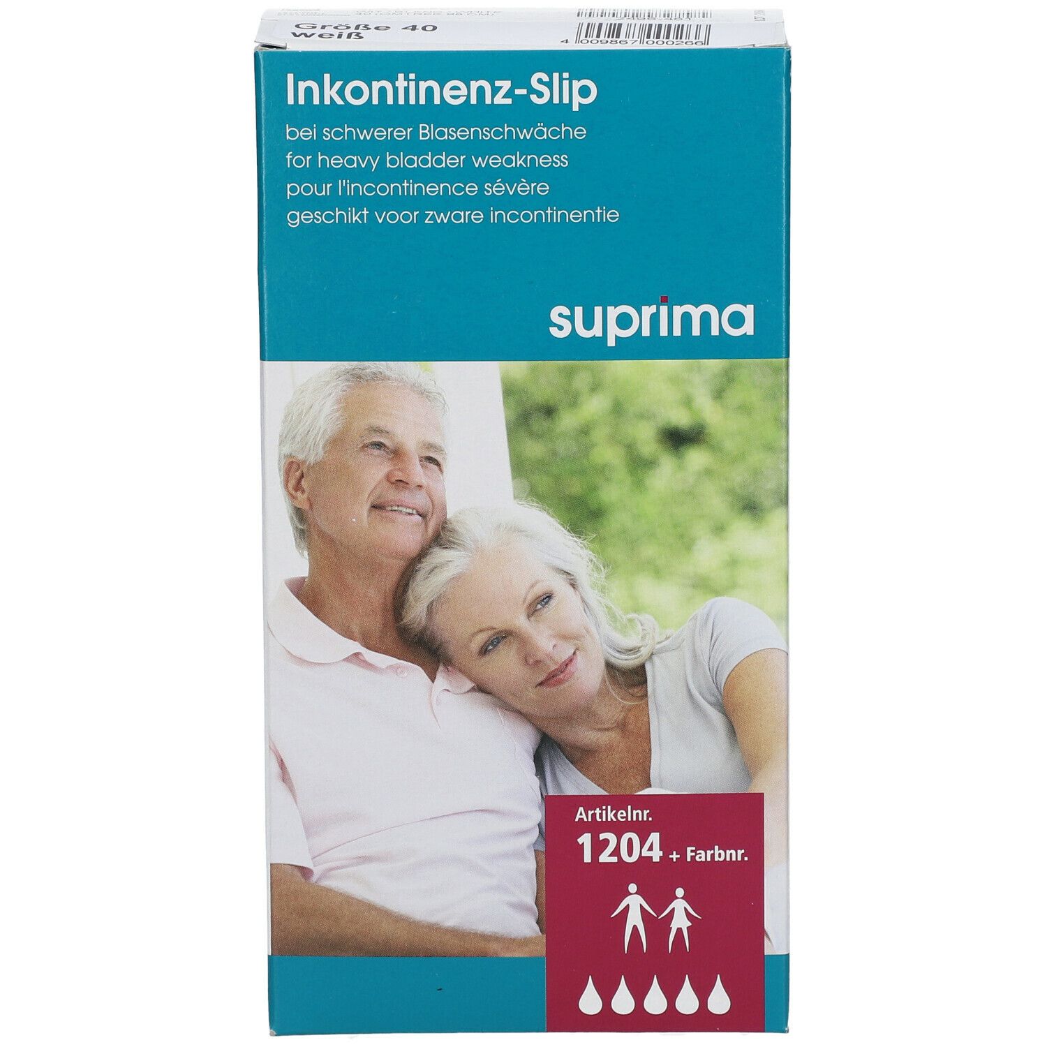 Boîte de slips d'incontinence Suprima. Indiqué pour l'incontinence sévère. Image d'un couple âgé. Numéro d'article 1204.