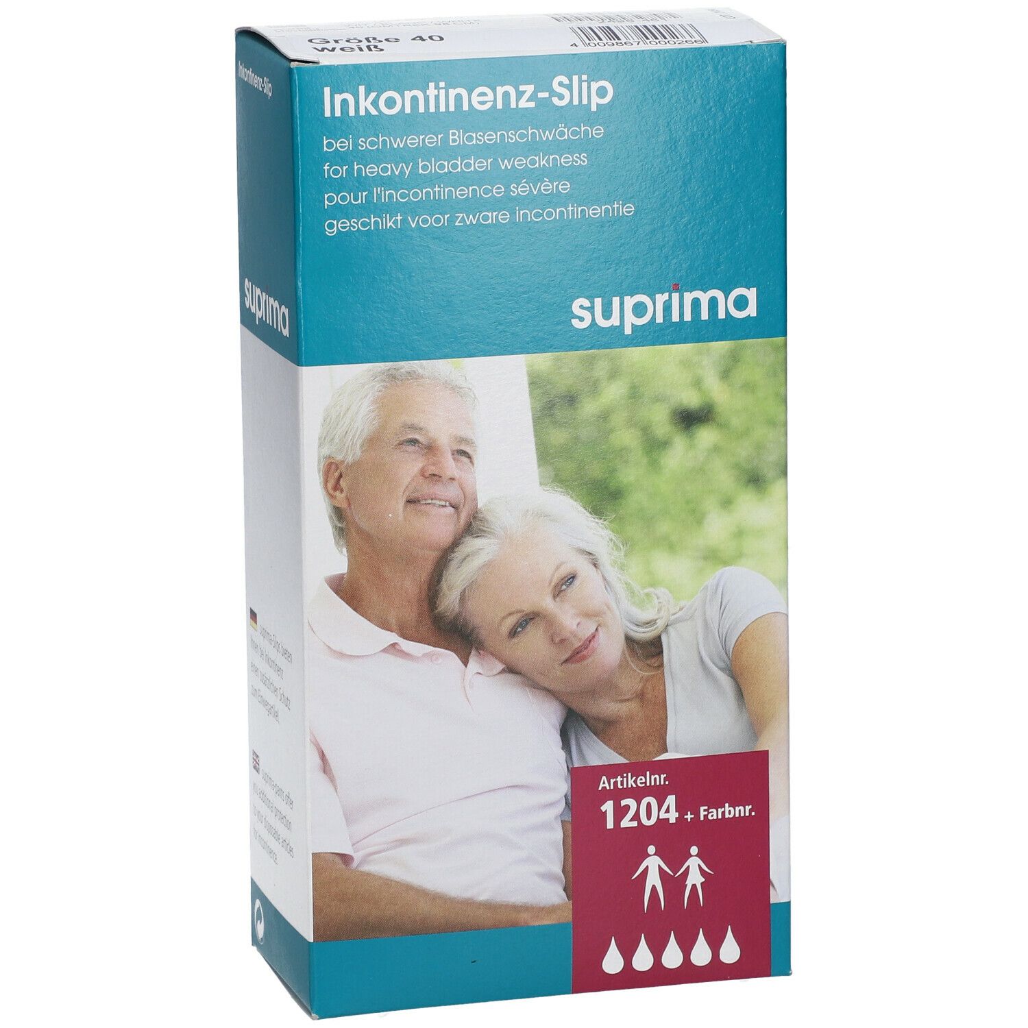 Boîte de slips d'incontinence Suprima. Indiqué pour l'incontinence sévère. Image d'un couple âgé. Numéro d'article 1204.
