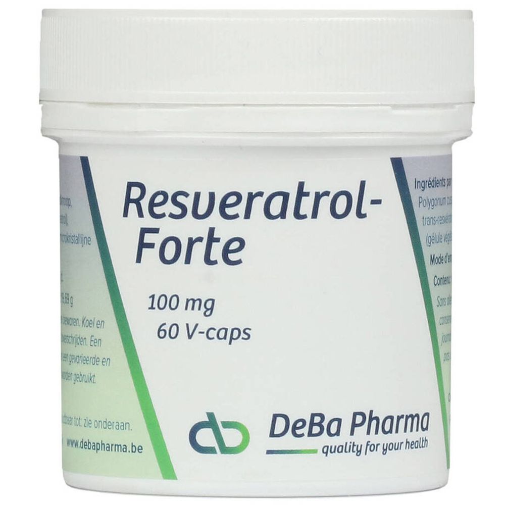 Boîte blanche Resveratrol-Forte 100 mg, 60 V-caps. Logo DeBa Pharma.