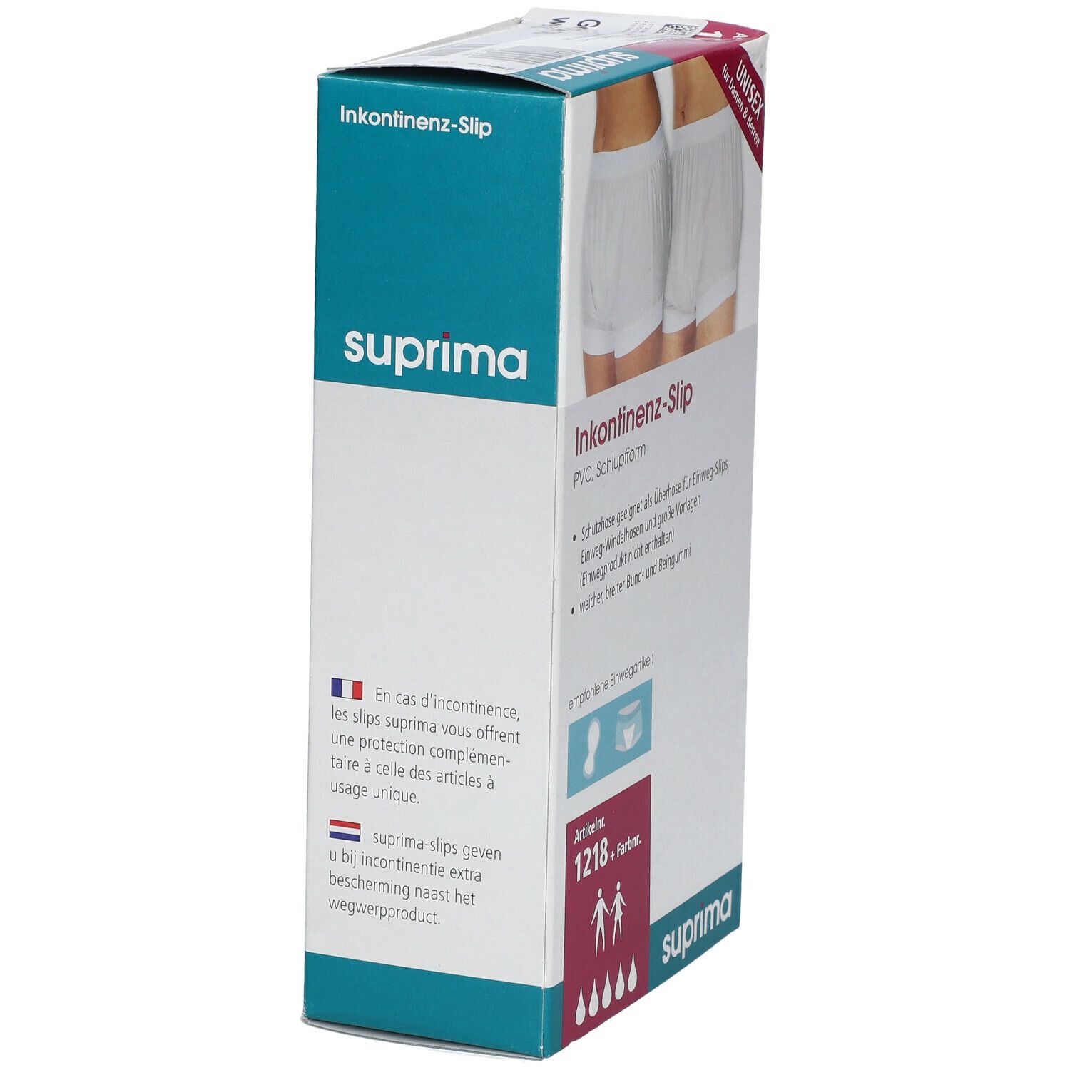 Boîte de slips d'incontinence. Marque suprima, référence 1218. Texte en allemand, français et néerlandais. Slip unisexe.