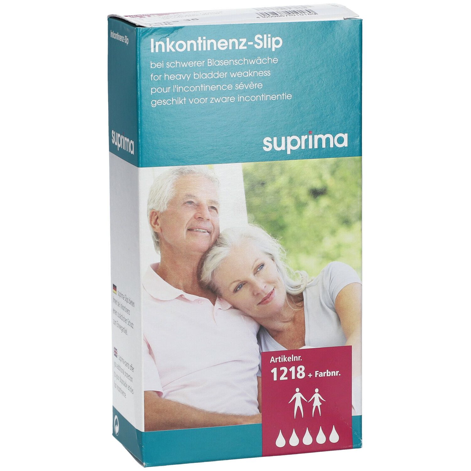 Boîte de slips d'incontinence. Marque suprima, référence 1218. Illustration d'un couple. Texte en allemand, français et néerlandais.