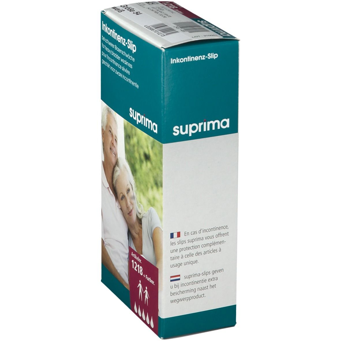 Boîte de slips d'incontinence Suprima. Article 1218. Texte en allemand, français et néerlandais. Vue latérale.