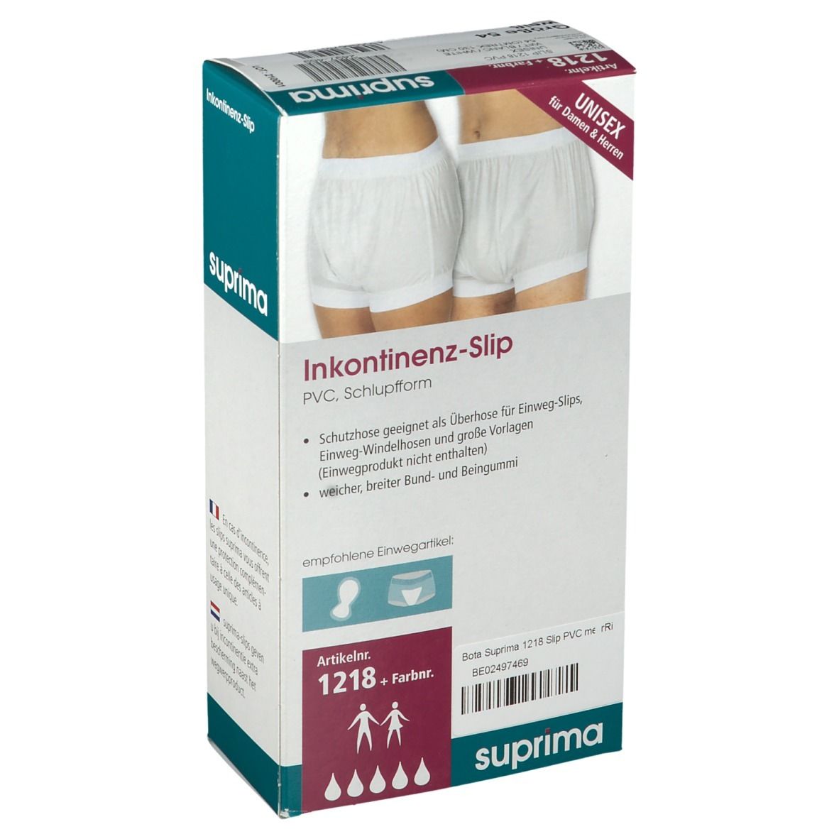 Boîte de slips d'incontinence Suprima. Article 1218. Slip unisexe. Image de slips blancs.