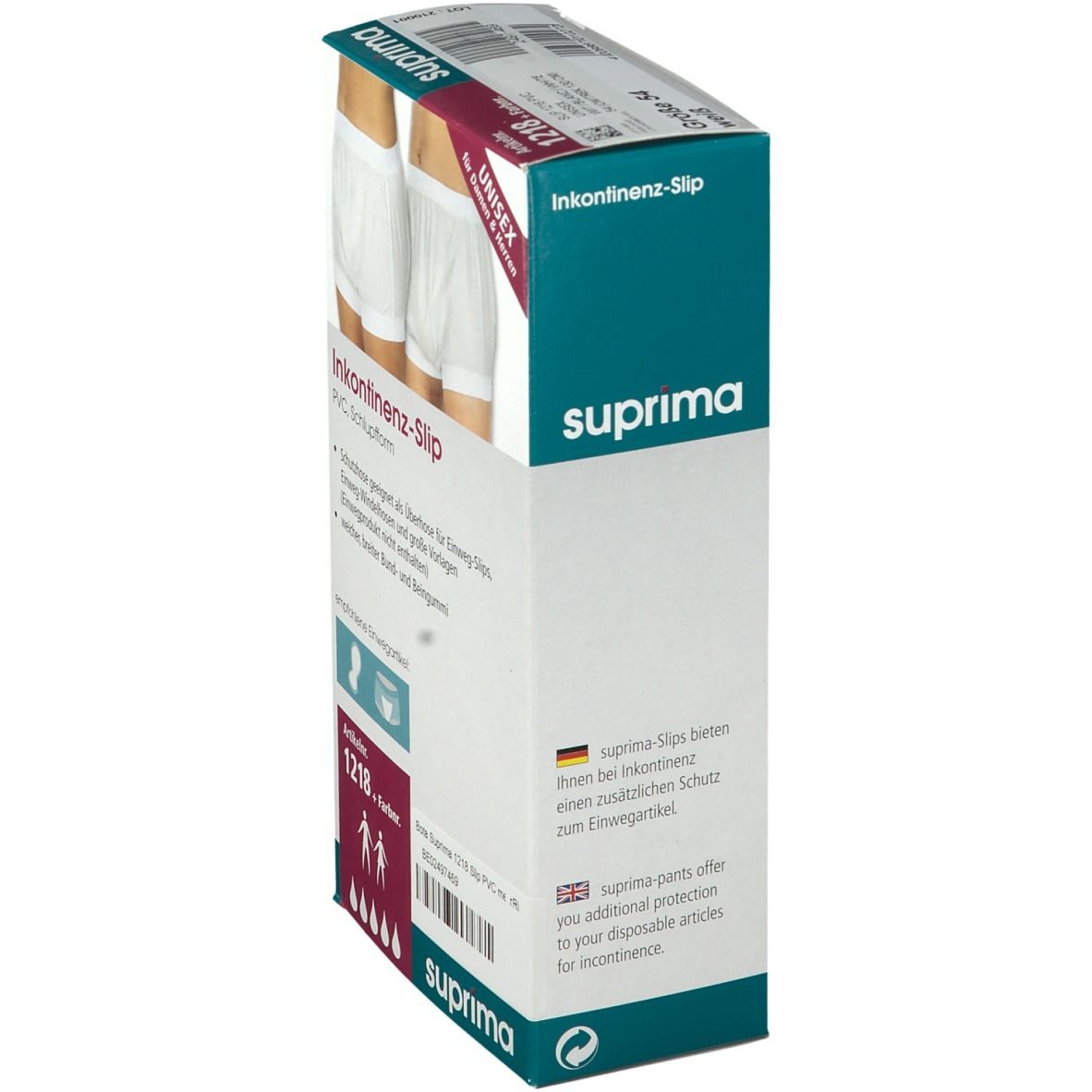 Boîte de slips d'incontinence Suprima. Article 1218. Slip unisexe. Vue latérale. Texte en allemand et anglais.