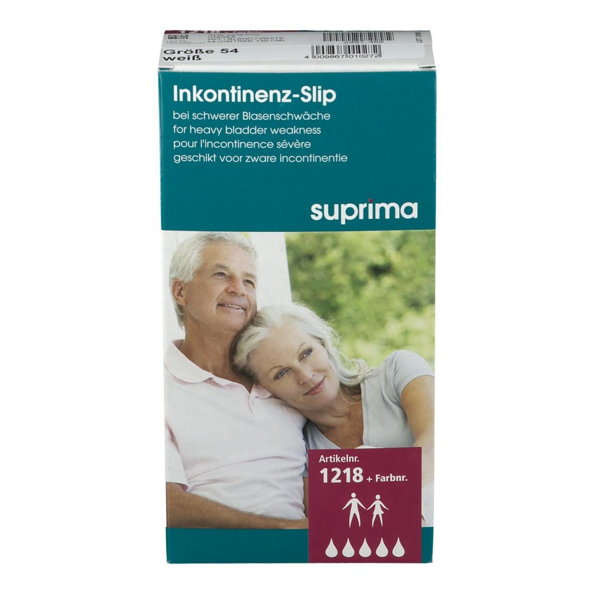 Boîte de slips d'incontinence Suprima, taille 54, blanc. Article 1218. Image d'un couple âgé. Texte en allemand.