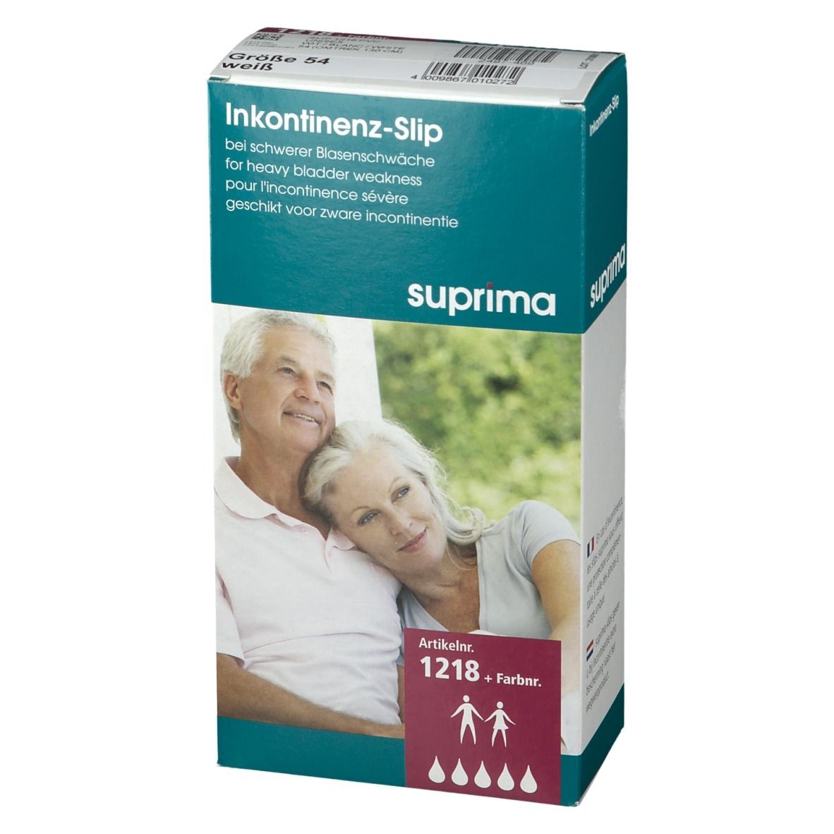 Boîte de slips d'incontinence Suprima, taille 54, blanc. Article 1218. Image d'un couple âgé. Texte en allemand.