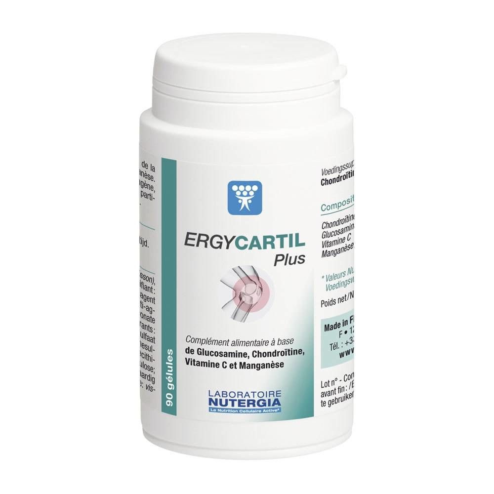 Flacone bianco con etichetta verde. Scritta: ERGYCARTIL Plus, 90 capsule. Logo: simbolo articolare.