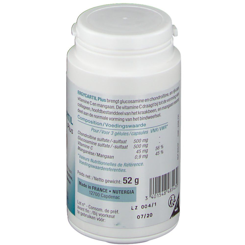 Retro del flacone bianco. Testo: ERGYCARTIL Plus, ingredienti, informazioni nutrizionali, 52 g, Prodotto in Francia.