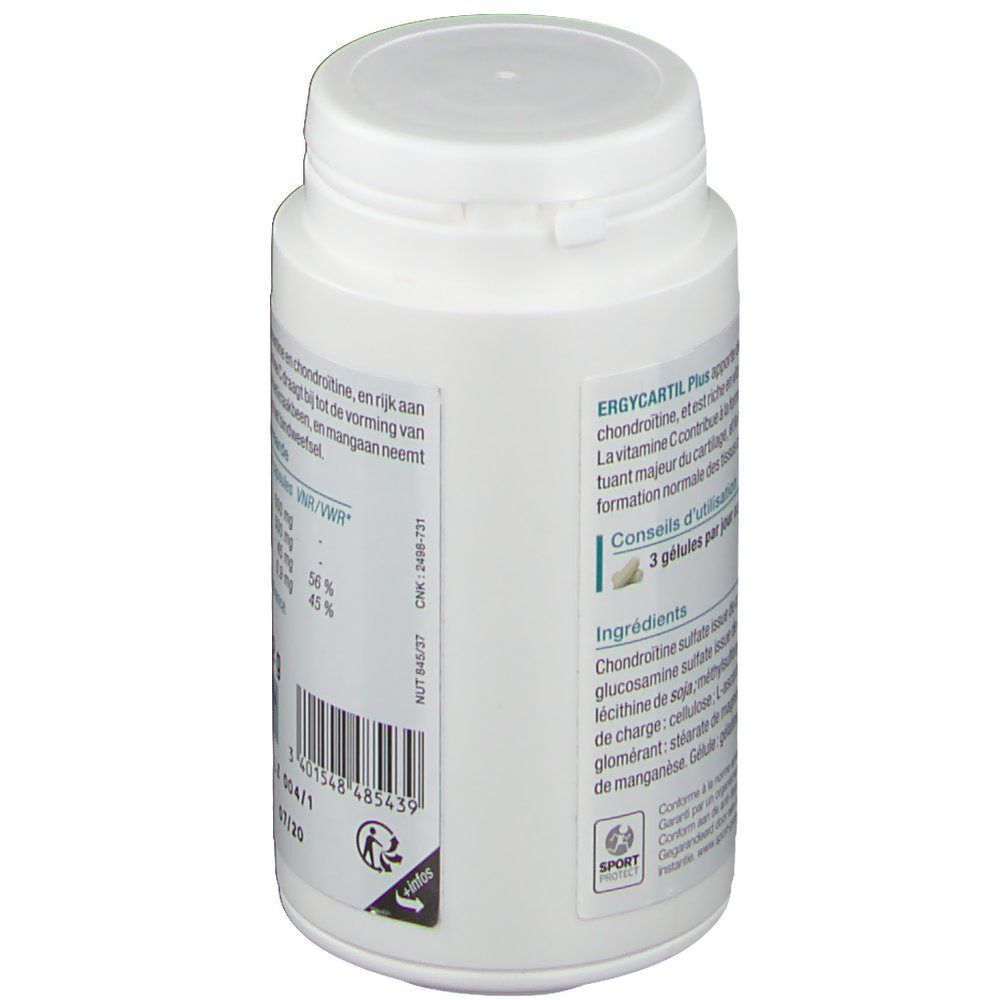 Flacone bianco, vista laterale. Testo: ERGYCARTIL Plus, ingredienti, numero di lotto, data di scadenza, logo Sport.