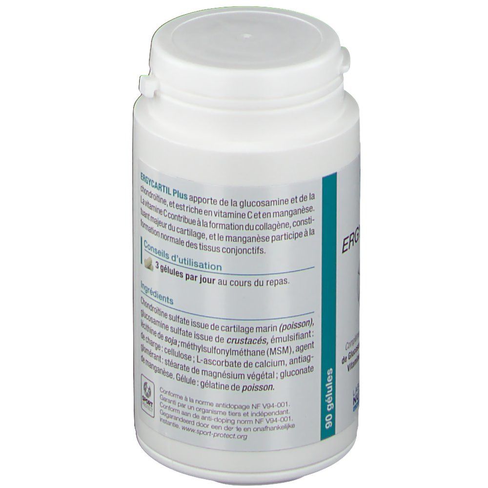 Flacone bianco, retro. Testo: ERGYCARTIL Plus, ingredienti, 90 capsule, logo Sport, certificazione anti-doping.