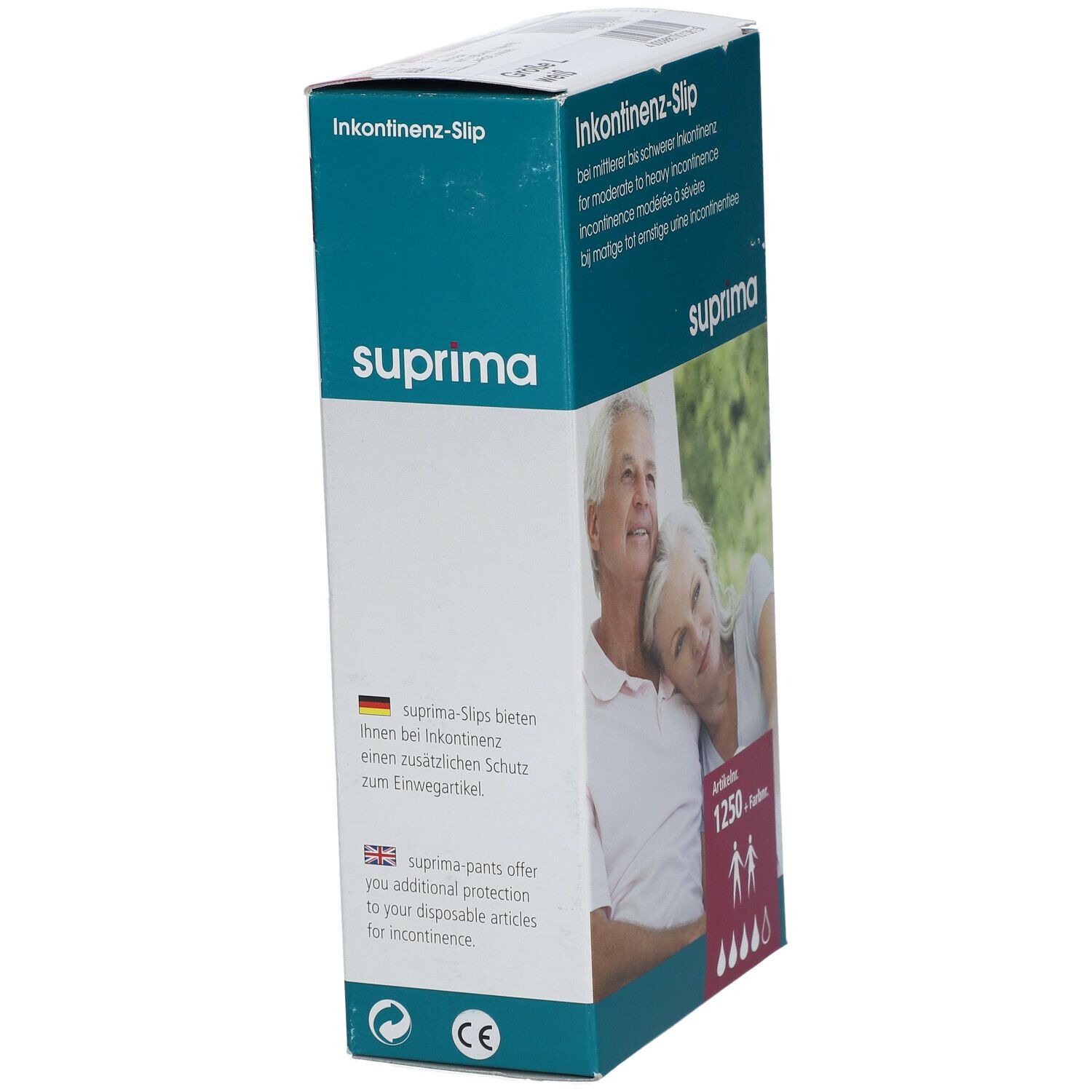 Boîte de slips d'incontinence suprima. Inscription : 1250, pictogrammes de personnes et de gouttes. Texte en allemand et anglais.