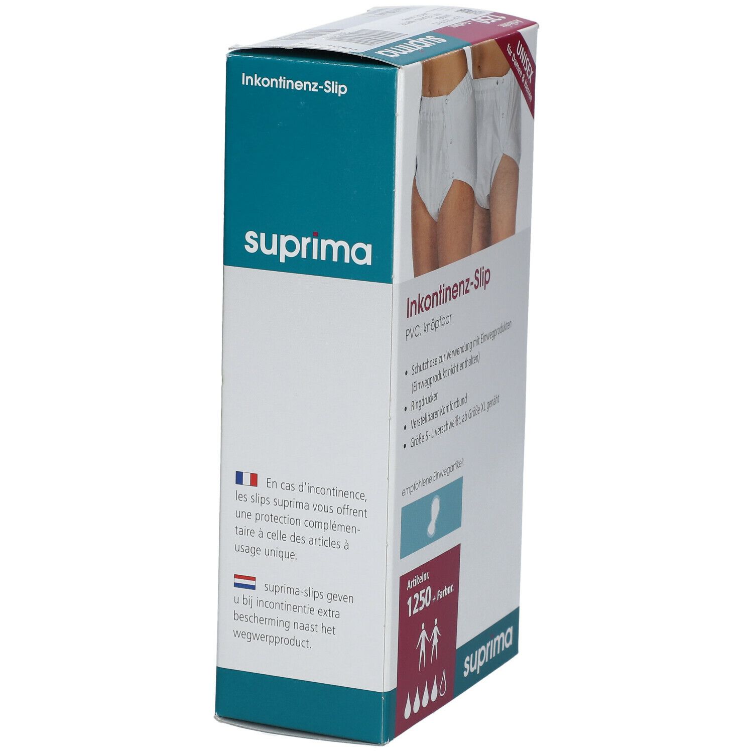 Boîte de slips d'incontinence suprima. Texte en allemand, français et anglais. Image : slips blancs.