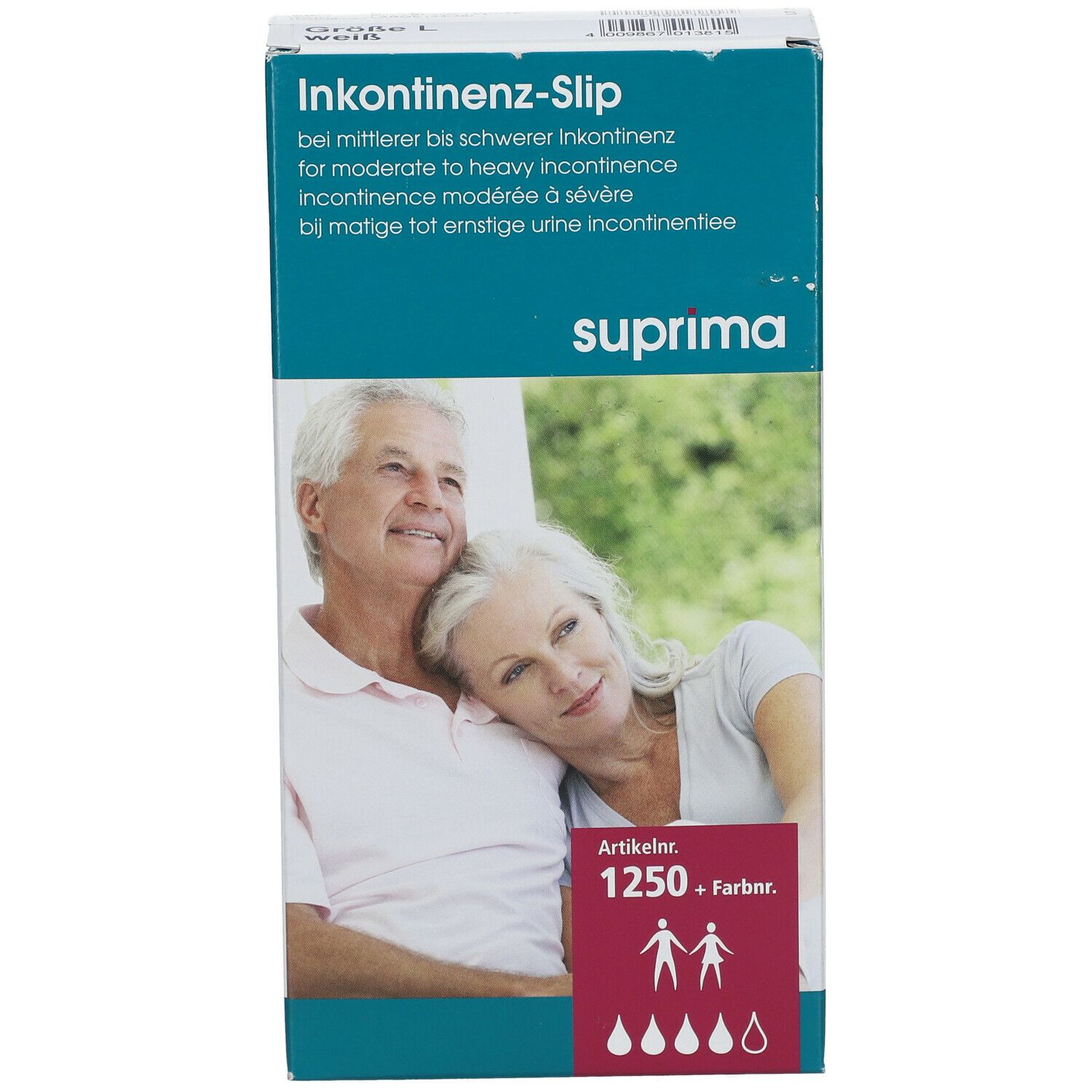 Boîte de slips d'incontinence suprima. Inscription : 1250, pictogrammes de personnes et de gouttes. Image d'un couple âgé.