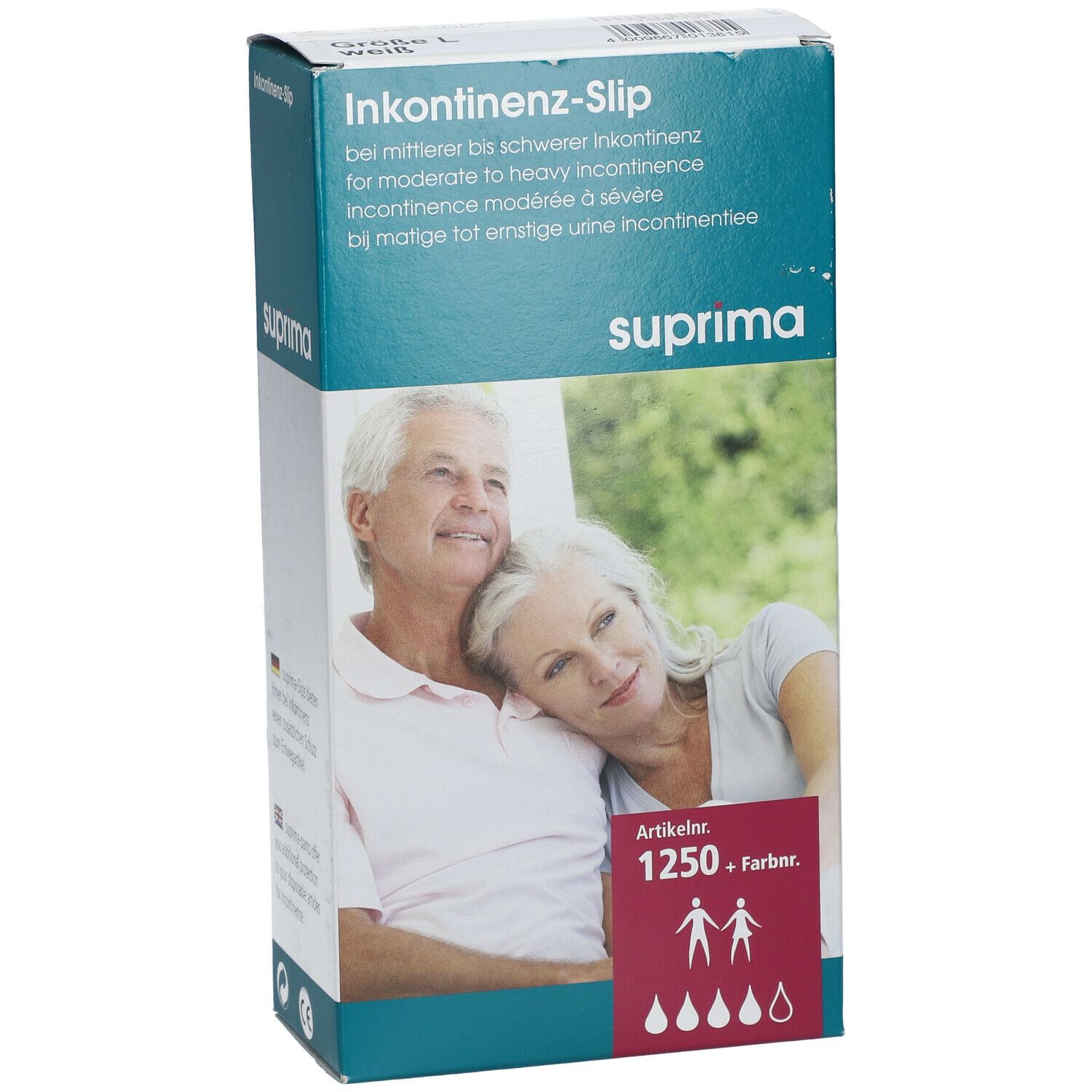Boîte de slips d'incontinence suprima. Inscription : 1250, pictogrammes de personnes et de gouttes. Image d'un couple âgé.