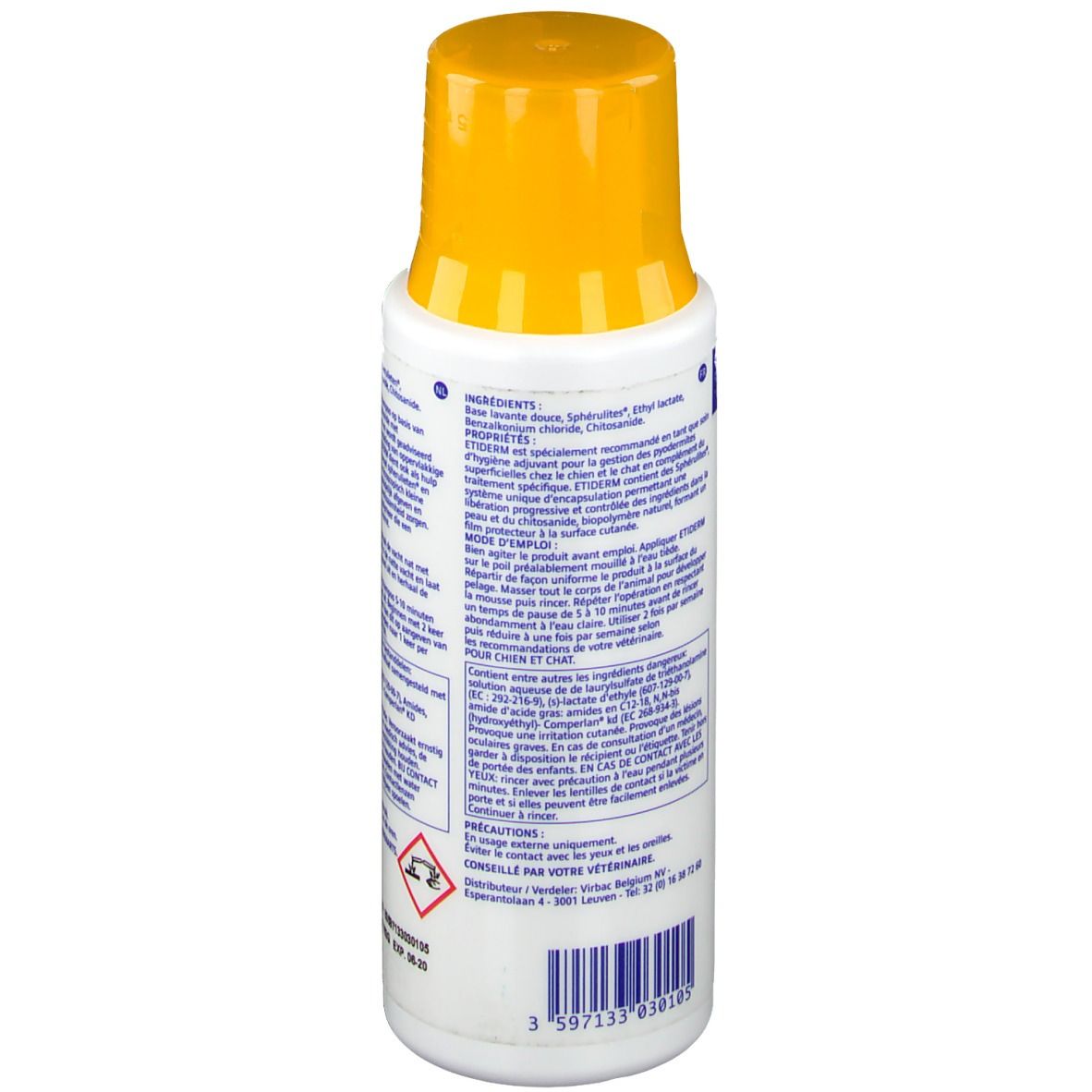 Weiße Flasche mit gelbem Deckel. Rückseite mit Text. Enthält 200 ml. Gefahrensymbol.