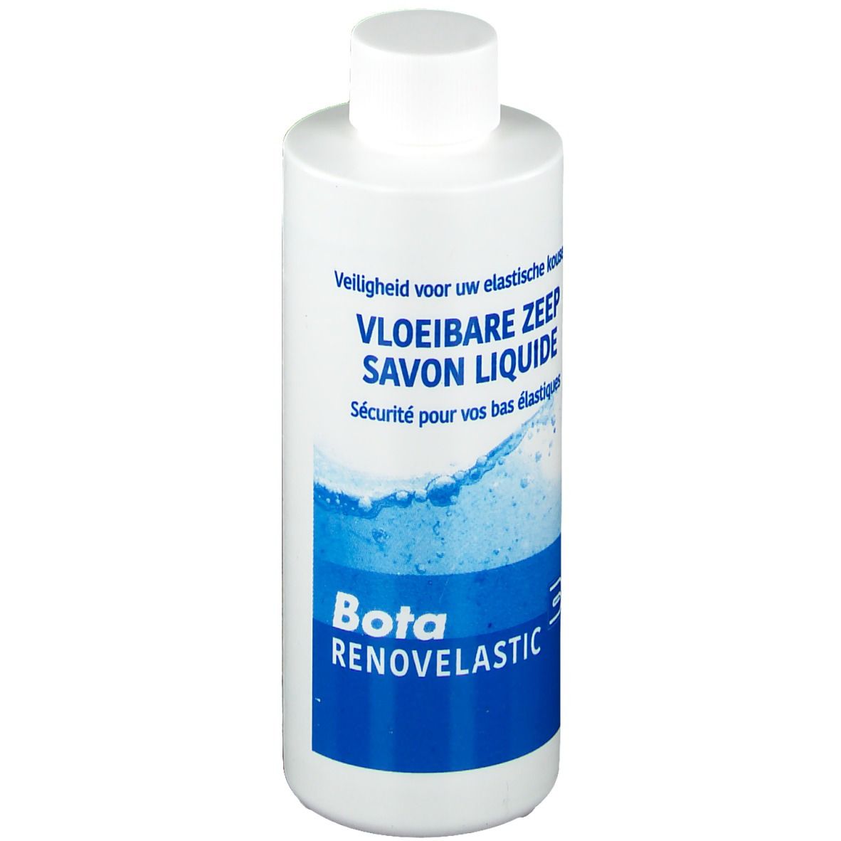 Flacon blanc avec bouchon blanc. Inscription: Vloeibare Zeep, Savon Liquide, Bota Renovelastic. Graphique de vagues bleues.