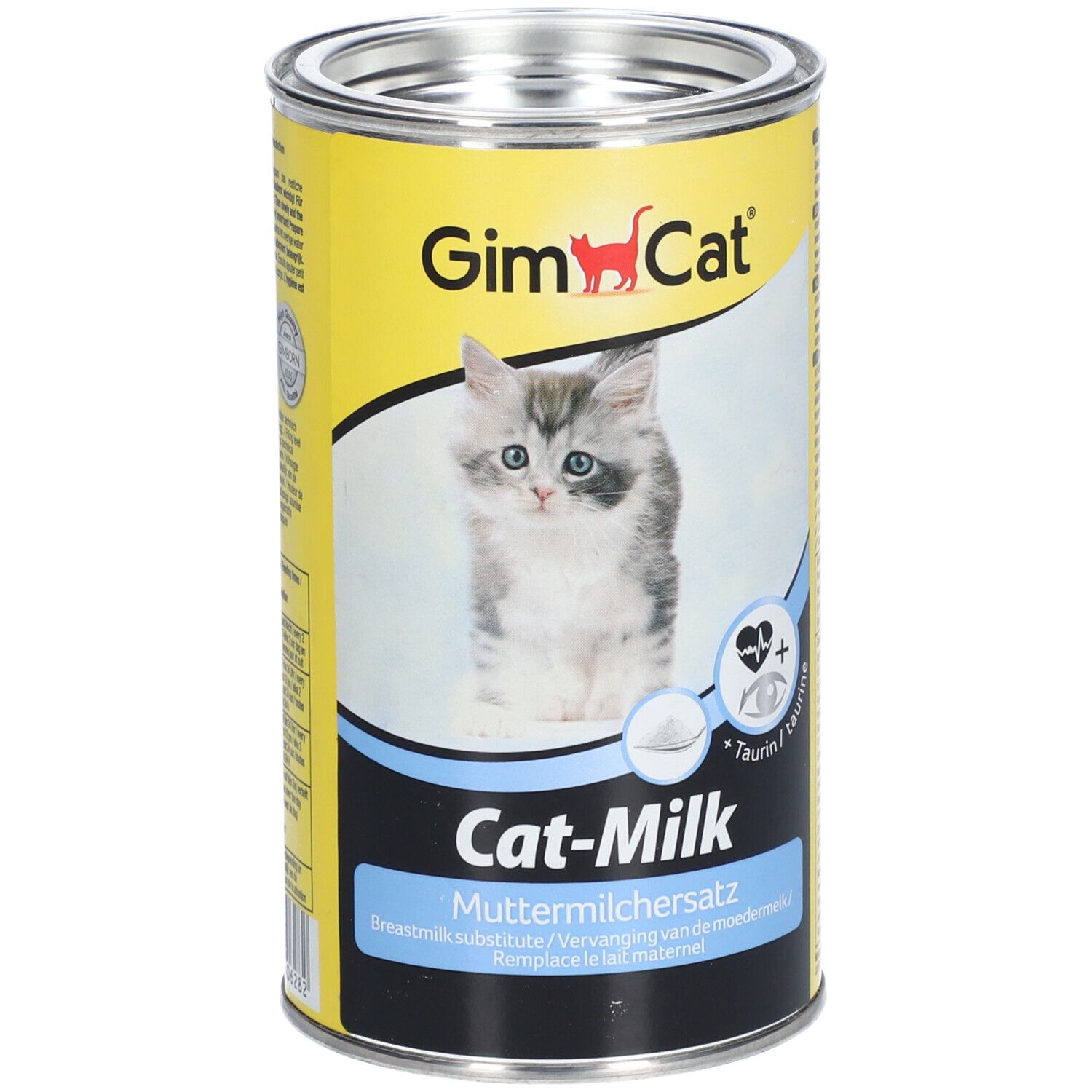 Gelbe Dose mit GimCat-Logo und Kätzchen-Abbildung. Aufschrift: Cat-Milk, Muttermilchersatz. Enthält Taurin.