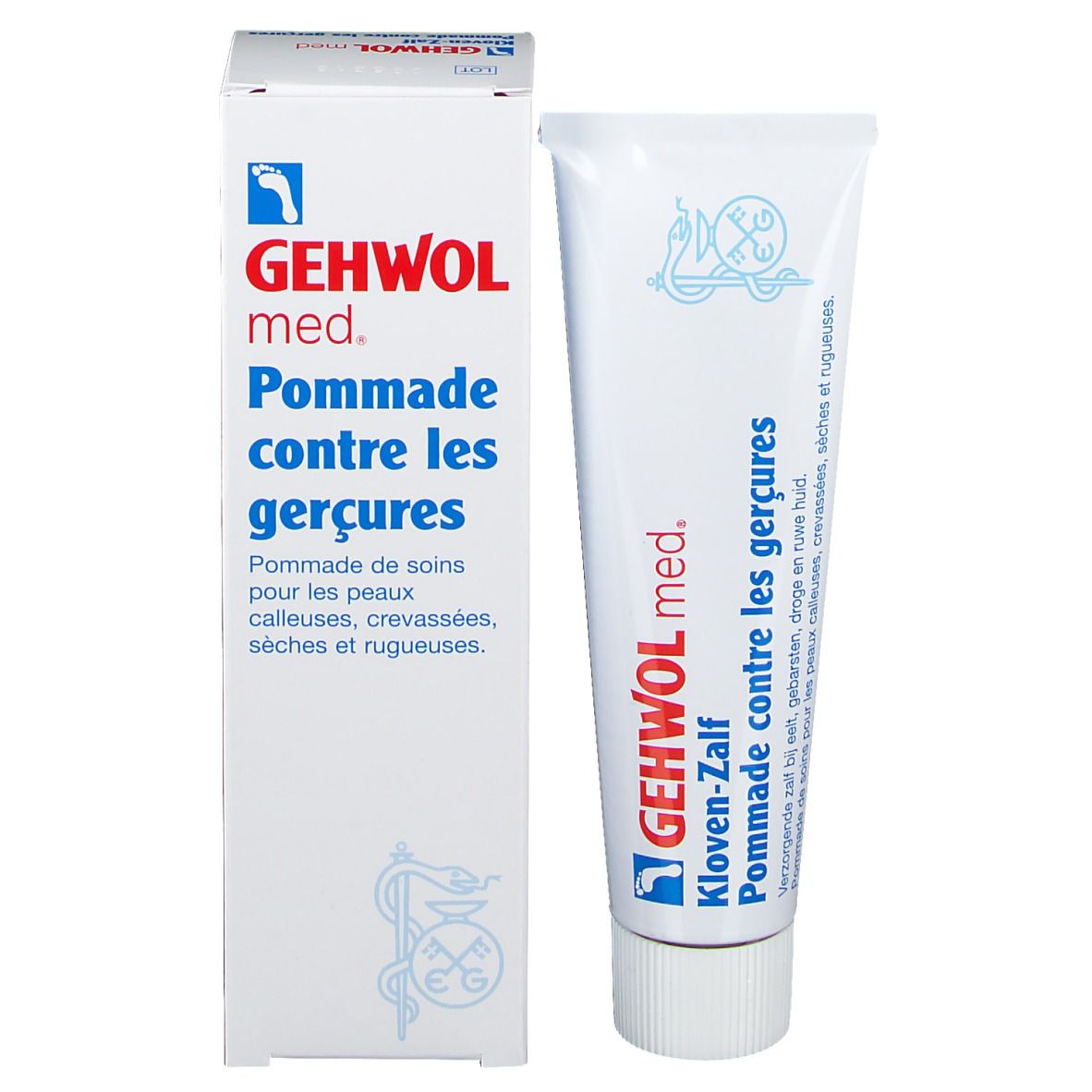 Emballage et tube du produit. Emballage avec nom et logo du produit. Tube avec nom du produit. Fond blanc.