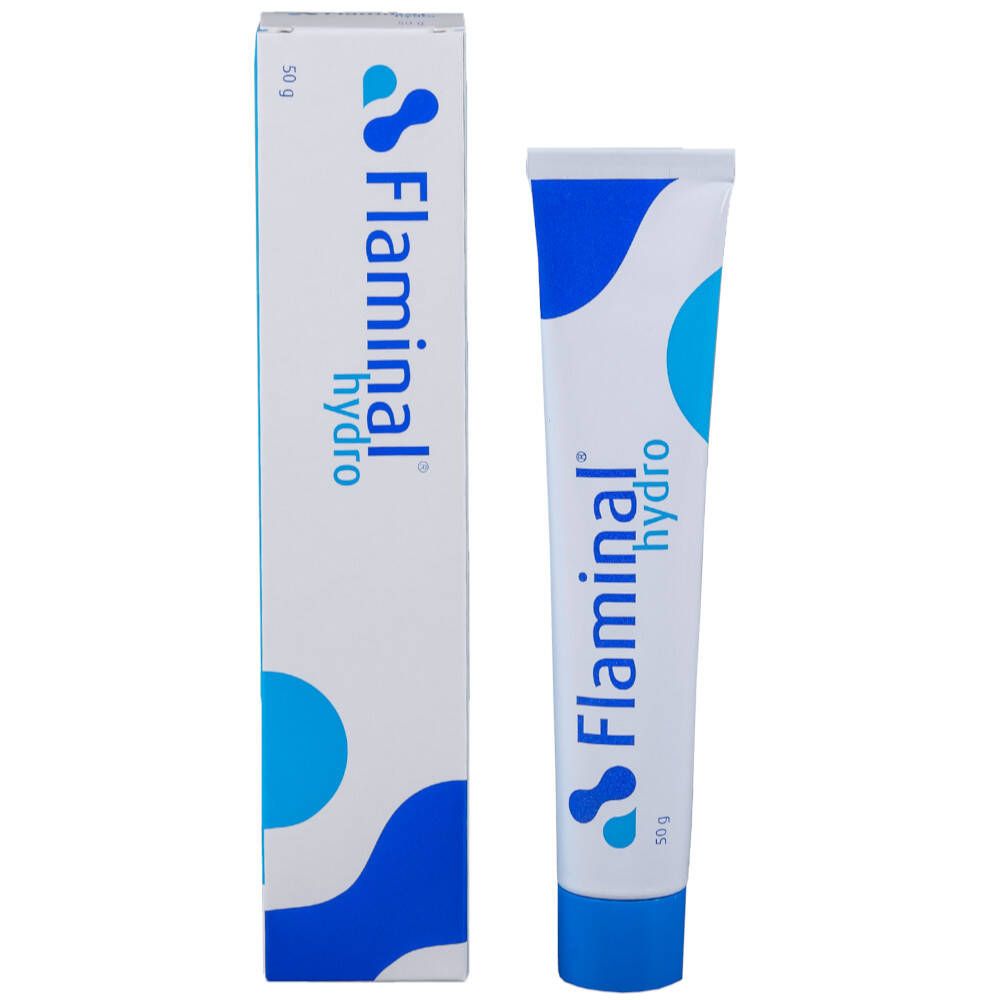 Tube et boîte blanches et bleues. Le mot "hydro" est visible sur le tube. La boîte affiche "Flaminal hydro".