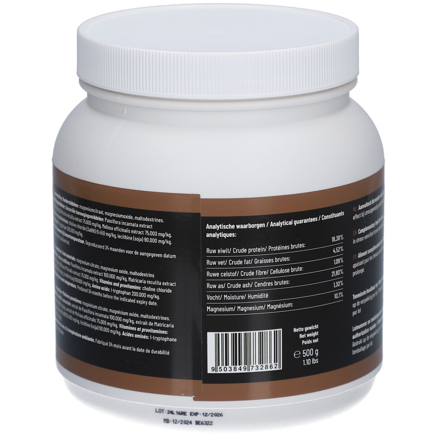 Dos du produit cylindrique blanc. Étiquette marron avec texte. Contient des informations sur les ingrédients et les garanties analytiques.