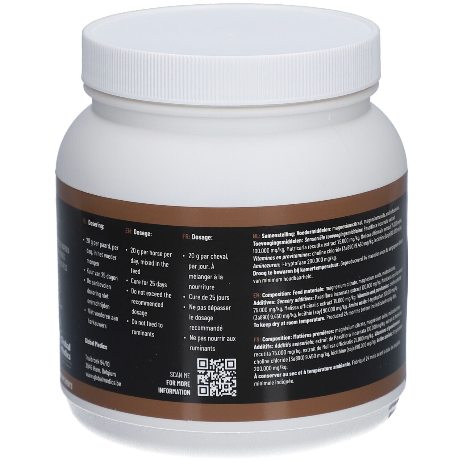 Dos du produit cylindrique blanc. Étiquette marron avec texte. Contient des informations sur les ingrédients et le dosage.
