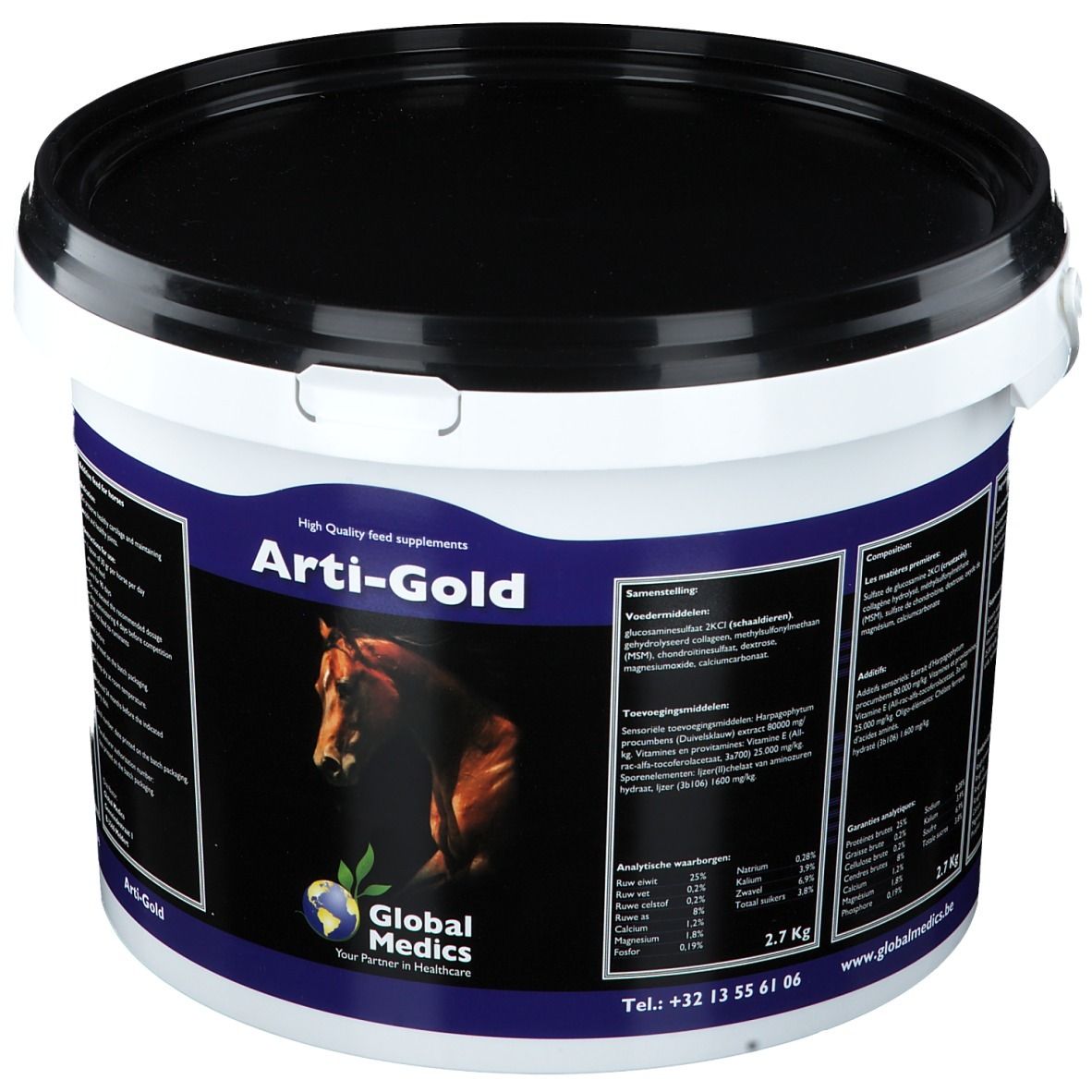 Emmer Arti-Gold, afbeelding van paard. Zwart deksel, witte emmer. Global Medics logo.