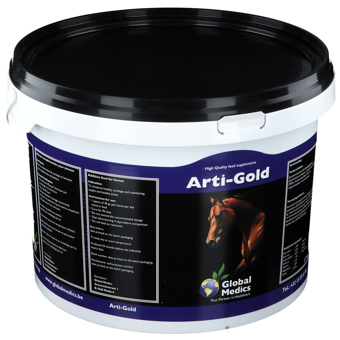Emmer Arti-Gold, afbeelding van paard. Zwart deksel, witte emmer. Global Medics logo.