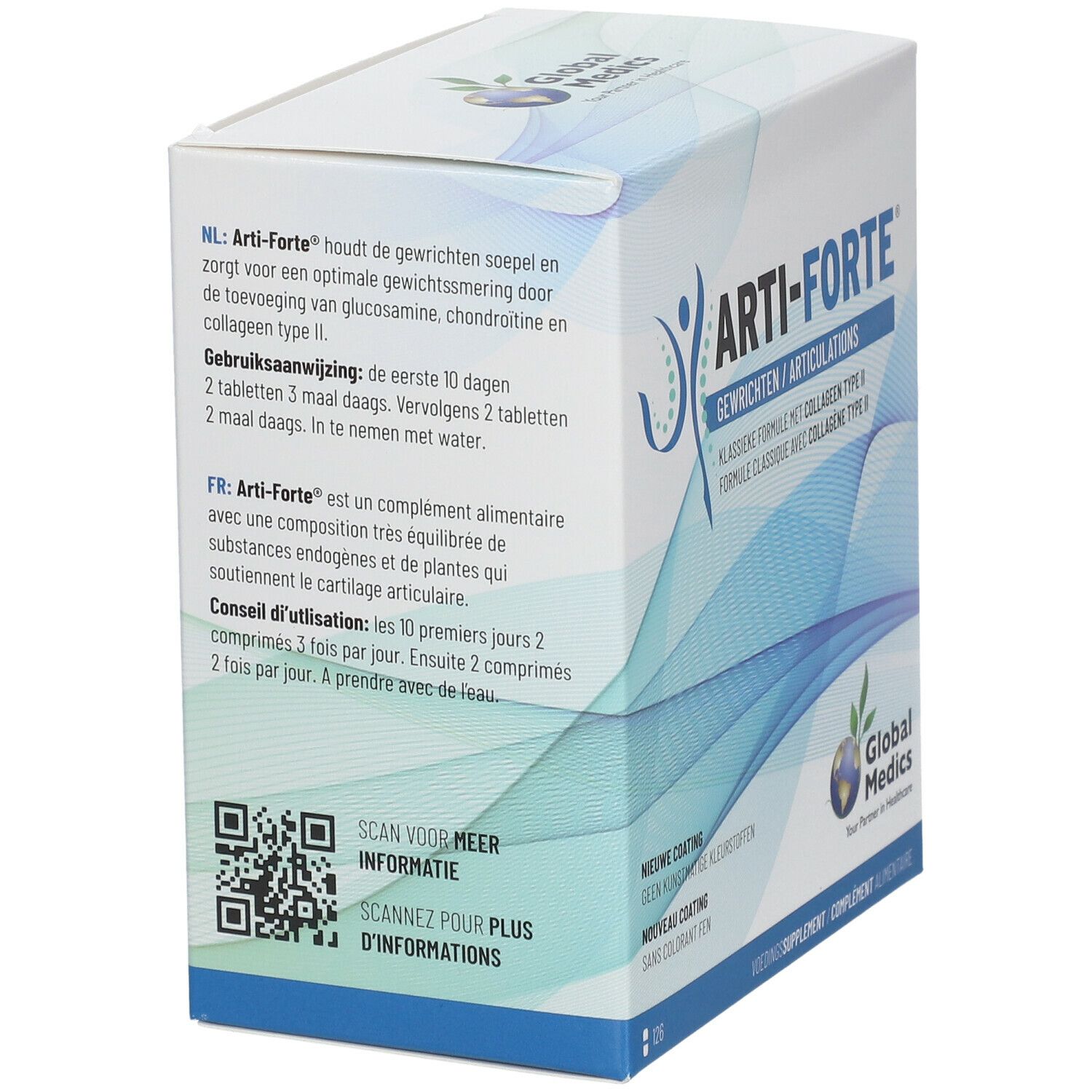 Dos de la boîte Arti-Forte® Gelenke. Informations d'utilisation et code QR.