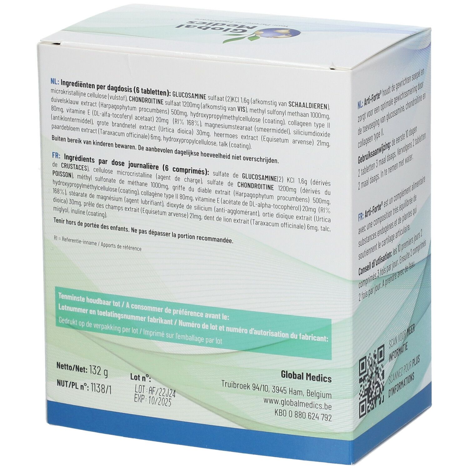 Dos de la boîte Arti-Forte® Gelenke. Liste des ingrédients en allemand et français.