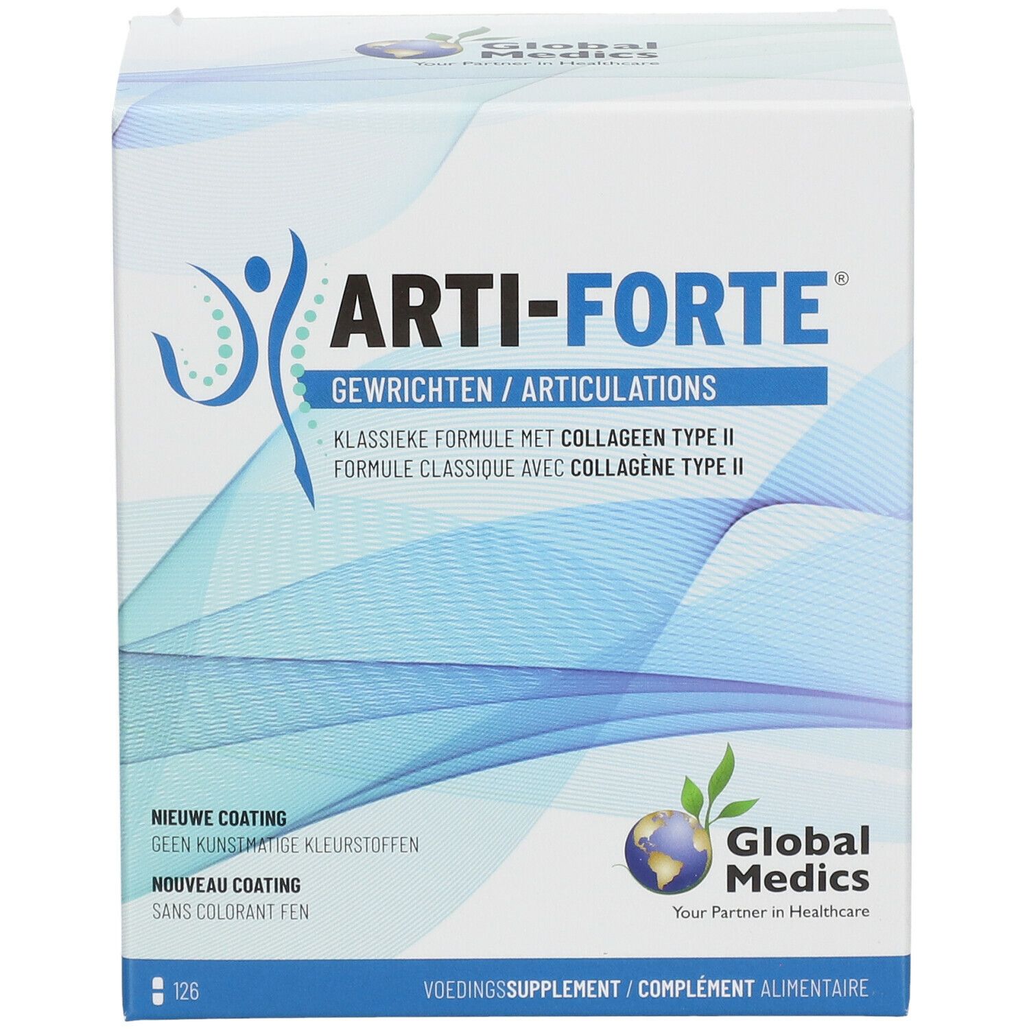 Boîte Arti-Forte® Gelenke. Bleu et blanc, nom et logo du produit. 126 comprimés.