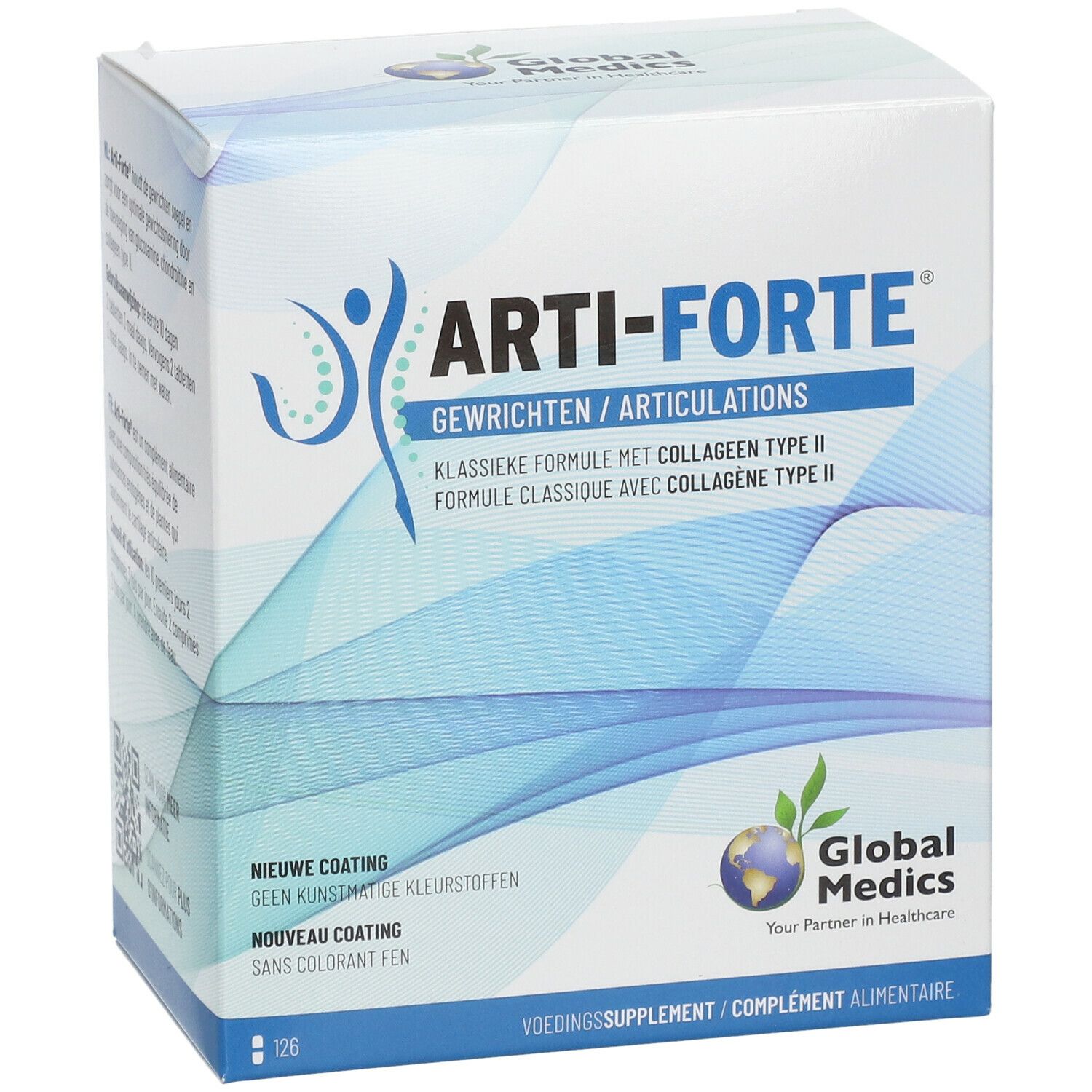 Boîte Arti-Forte® Gelenke. Bleu et blanc, nom et logo du produit. 126 comprimés.