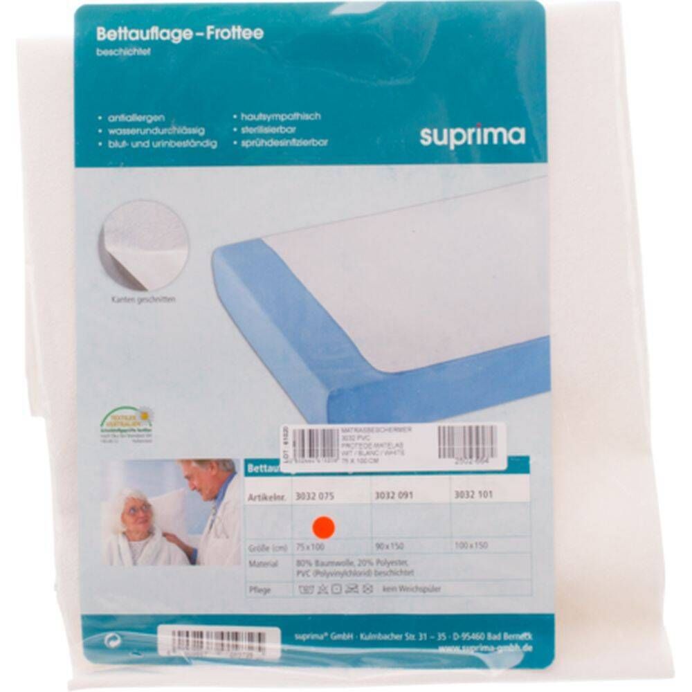 Housse de matelas Suprima en emballage. Caractéristiques : anti-allergique, imperméable, respirant. Surface en éponge.