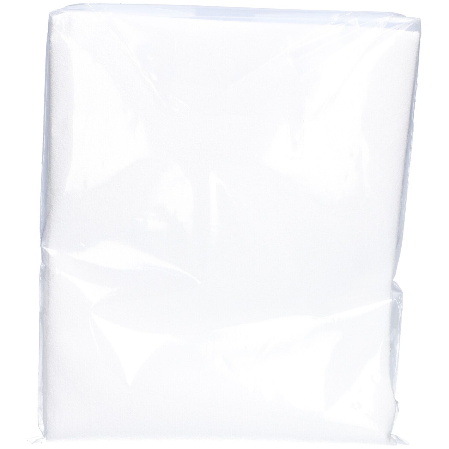 Alèse d'incontinence blanche emballée. Forme carrée, emballage transparent. Produit partiellement visible.