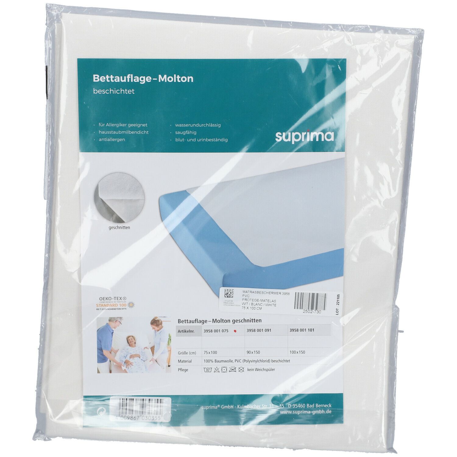 Protège-matelas Molton enduit, emballé dans du plastique transparent. Marque Suprima. Informations et illustrations sur l'emballage.