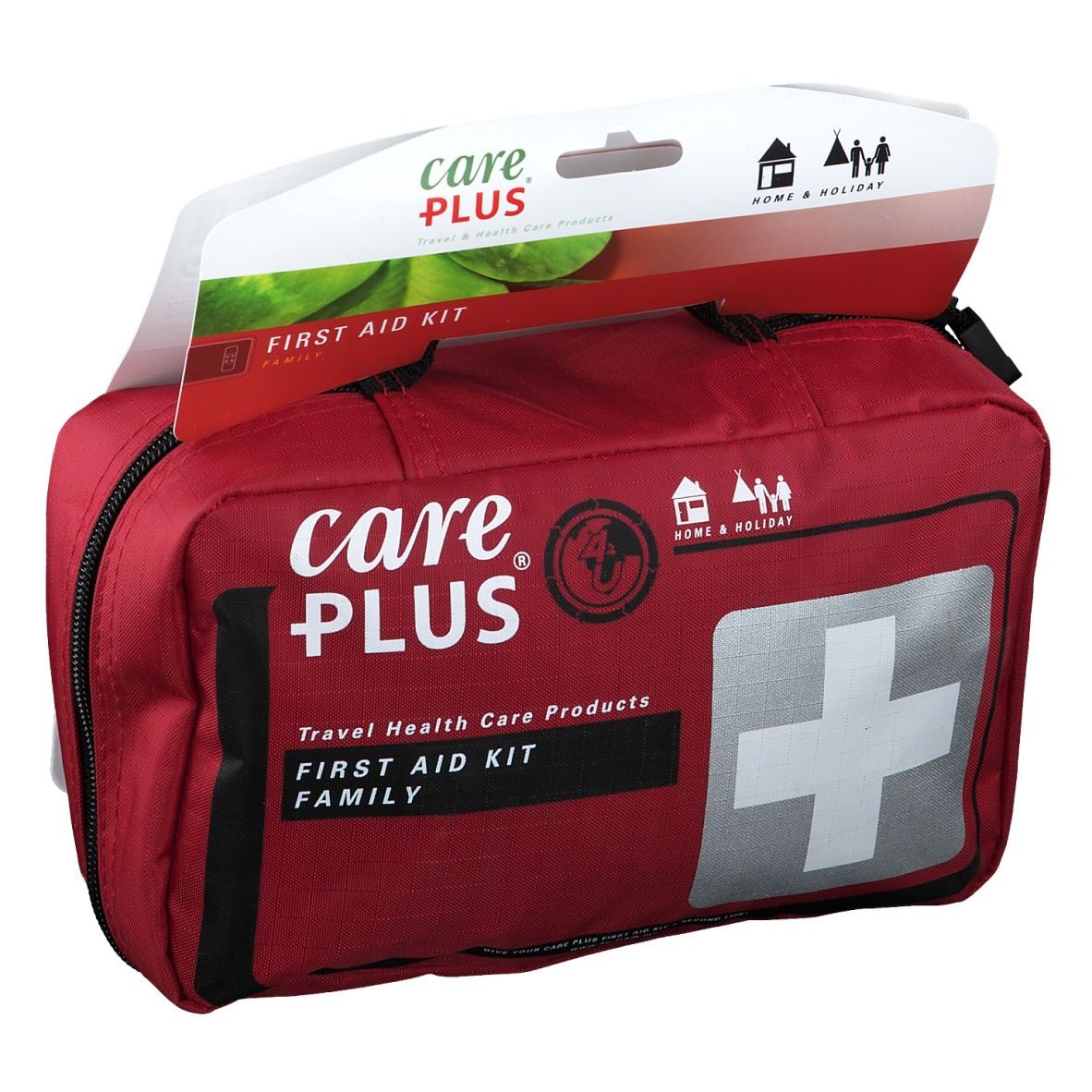 Trousse de premiers secours Care Plus rouge avec croix blanche et logo. Avec suspension Home & Holiday.