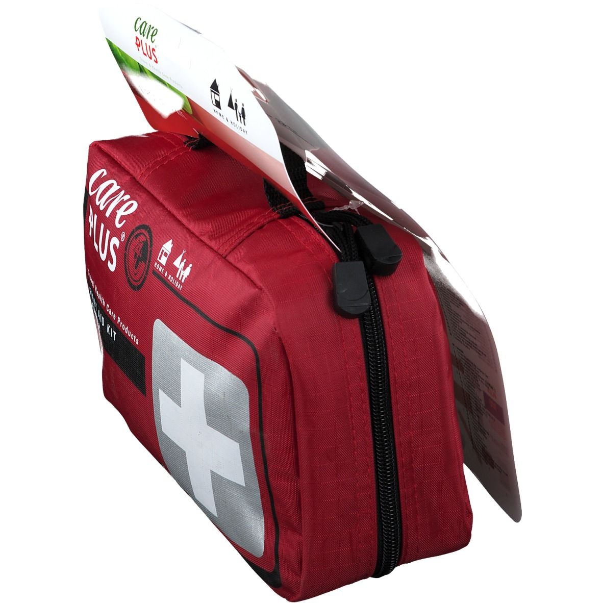 Trousse de premiers secours Care Plus rouge. Fermeture éclair, croix blanche et logo. Avec suspension.
