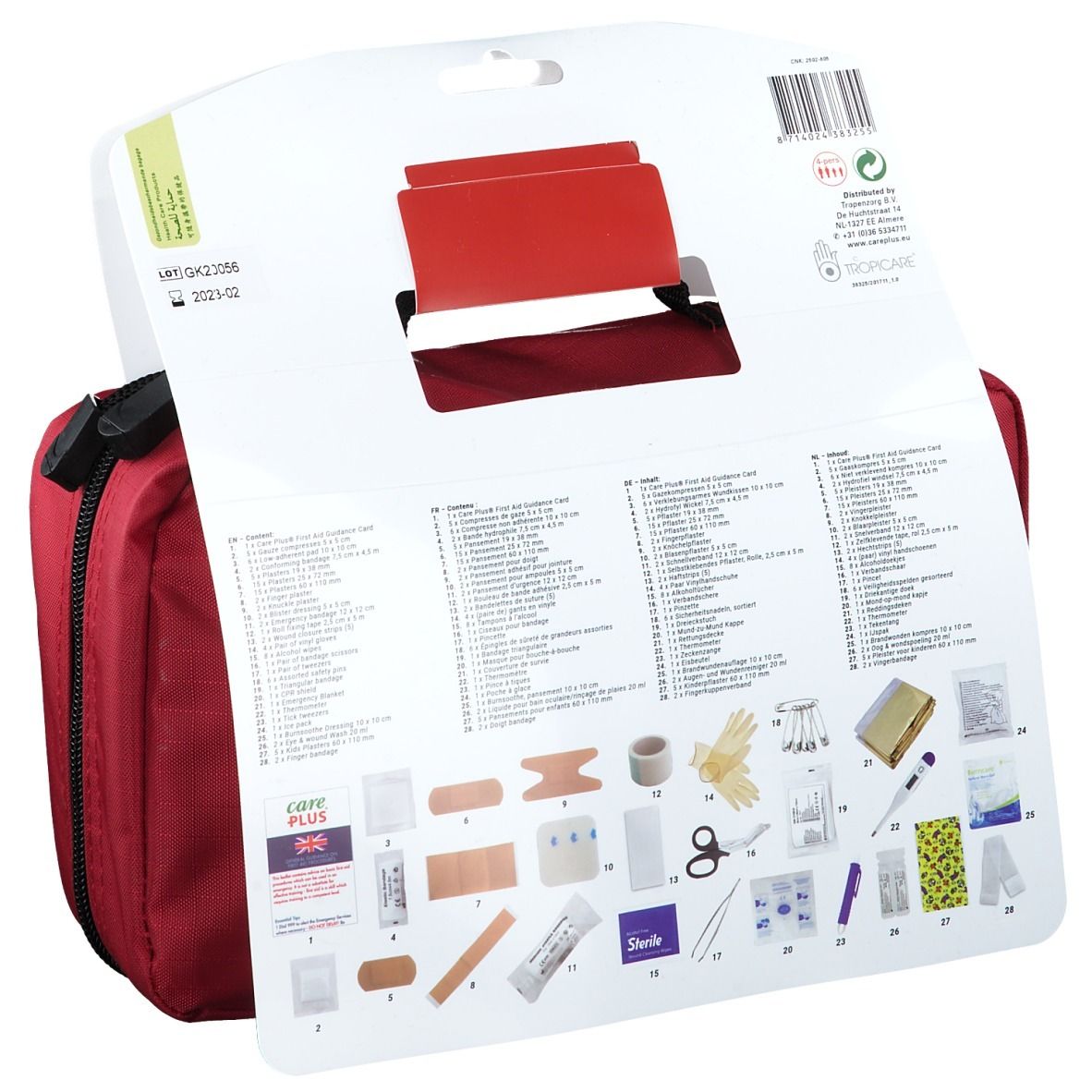 Trousse de premiers secours Care Plus rouge avec contenu. Dos de l'emballage avec liste et pictogrammes.