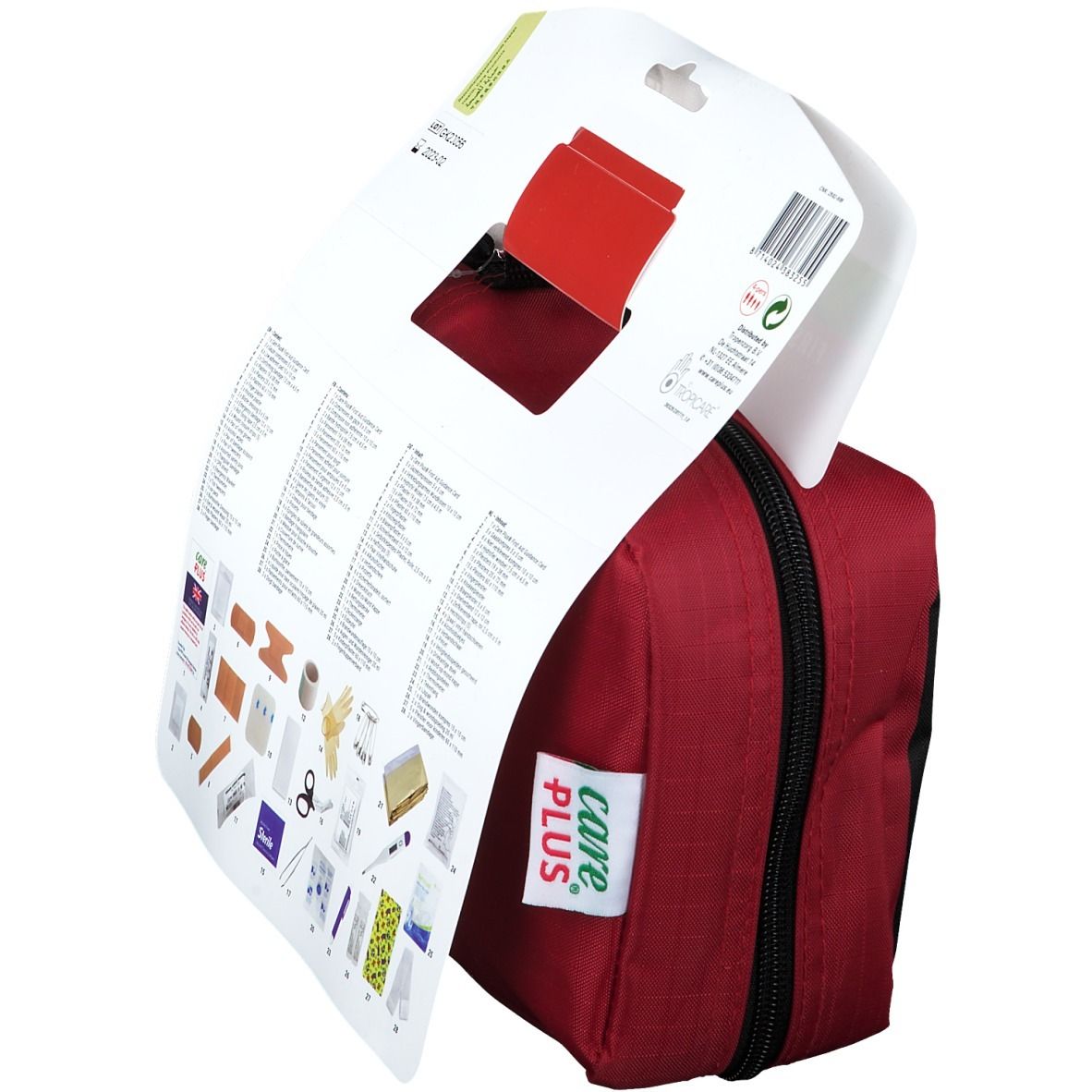 Trousse de premiers secours Care Plus rouge avec contenu. Suspension avec logo et informations.