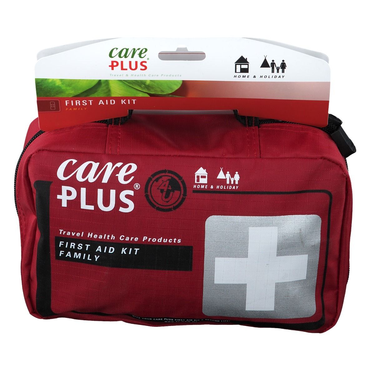 Trousse de premiers secours Care Plus rouge avec croix blanche et logo. Avec suspension Home & Holiday.
