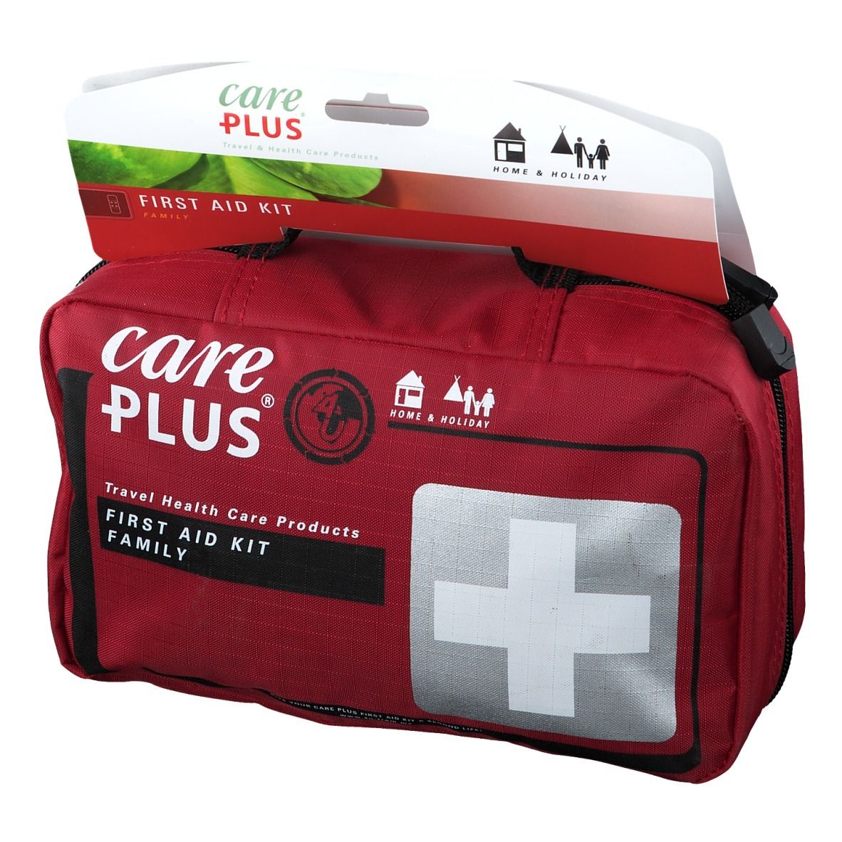 Trousse de premiers secours Care Plus rouge avec croix blanche et logo. Avec suspension Home & Holiday.
