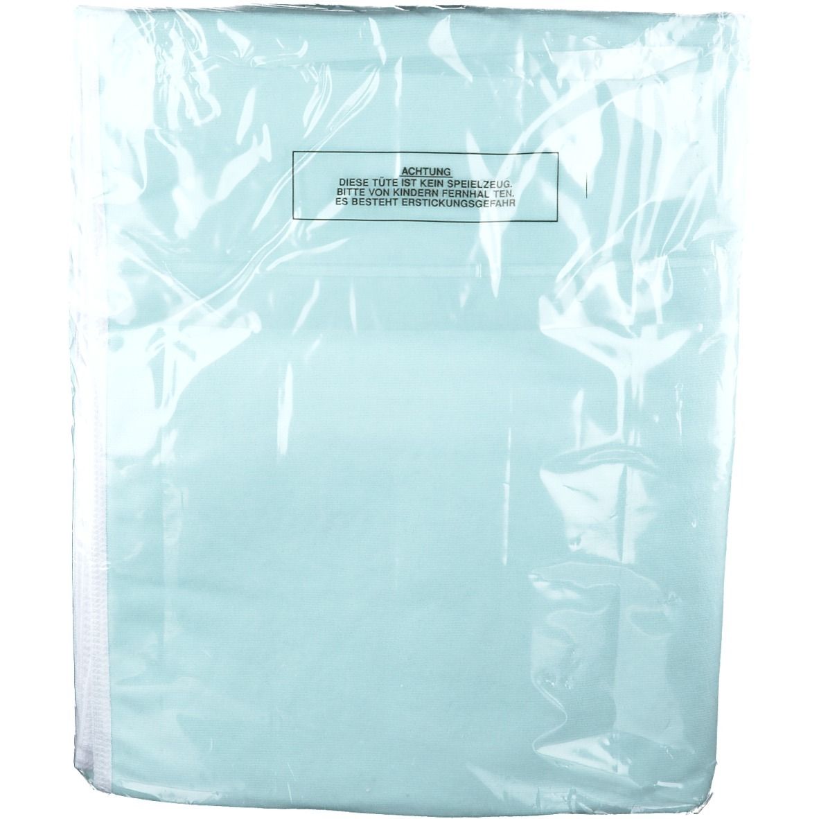 Alèse bleu clair dans un emballage plastique. Avertissement : Ce sac n'est pas un jouet.