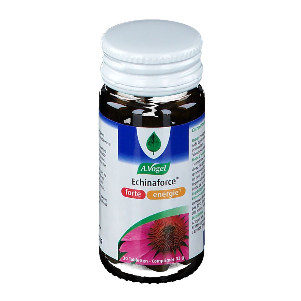 Bruine glazen fles met witte dop. Etiket met productnaam en logo. 30 tabletten.