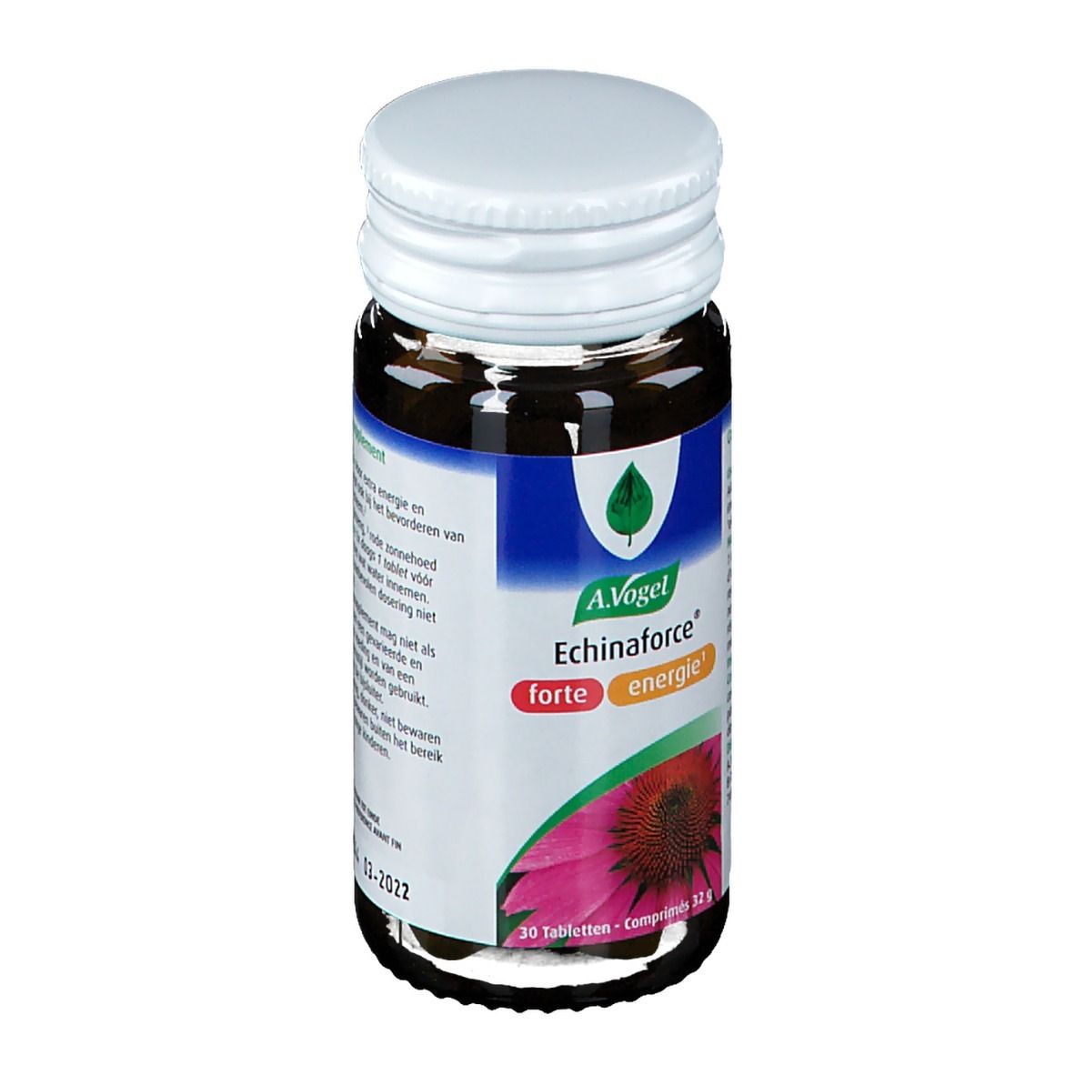 Bruine glazen fles met witte dop. Etiket met productnaam en logo. 30 tabletten.