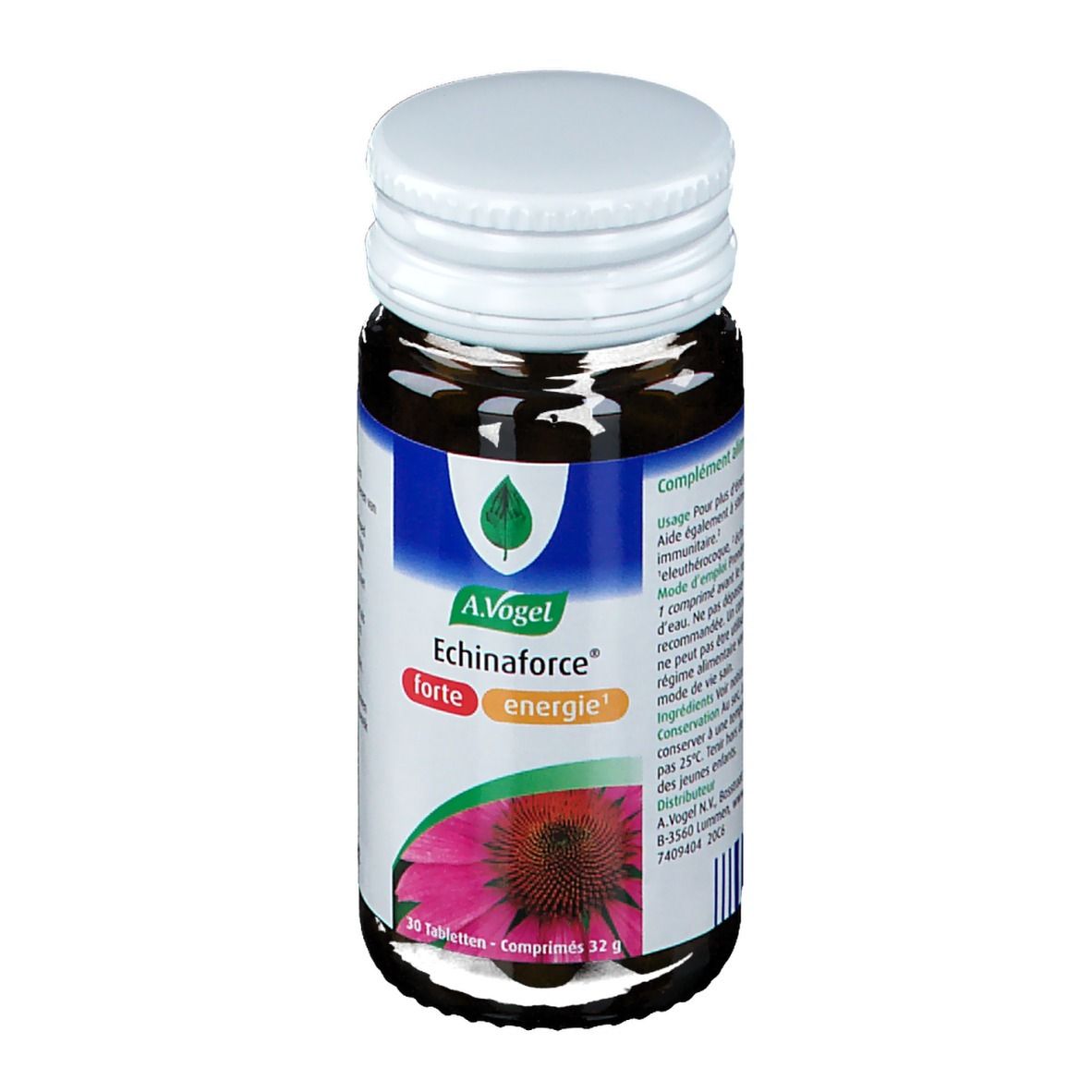 Bruine glazen fles met witte dop. Etiket met productnaam en logo. 30 tabletten.