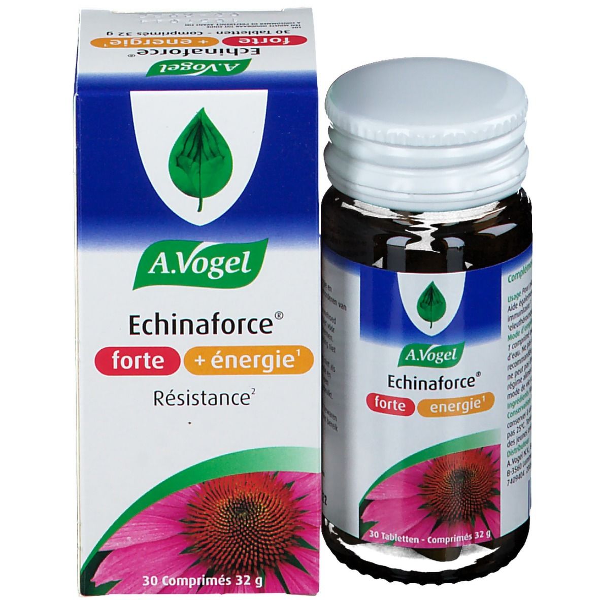 Productverpakking en fles. De productnaam en het logo zijn zichtbaar op de verpakking. 30 tabletten.