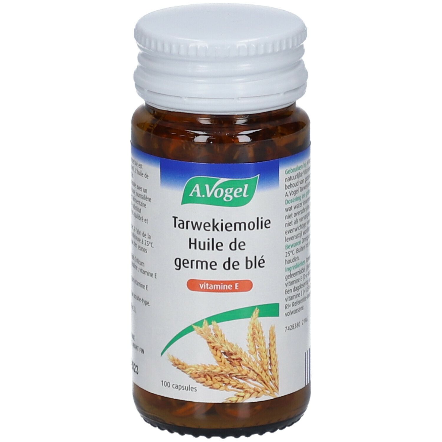 Flacon en verre brun avec bouchon blanc. Étiquette avec nom du produit, marque A. Vogel et illustration d'épis de blé. Contient 100 capsules.