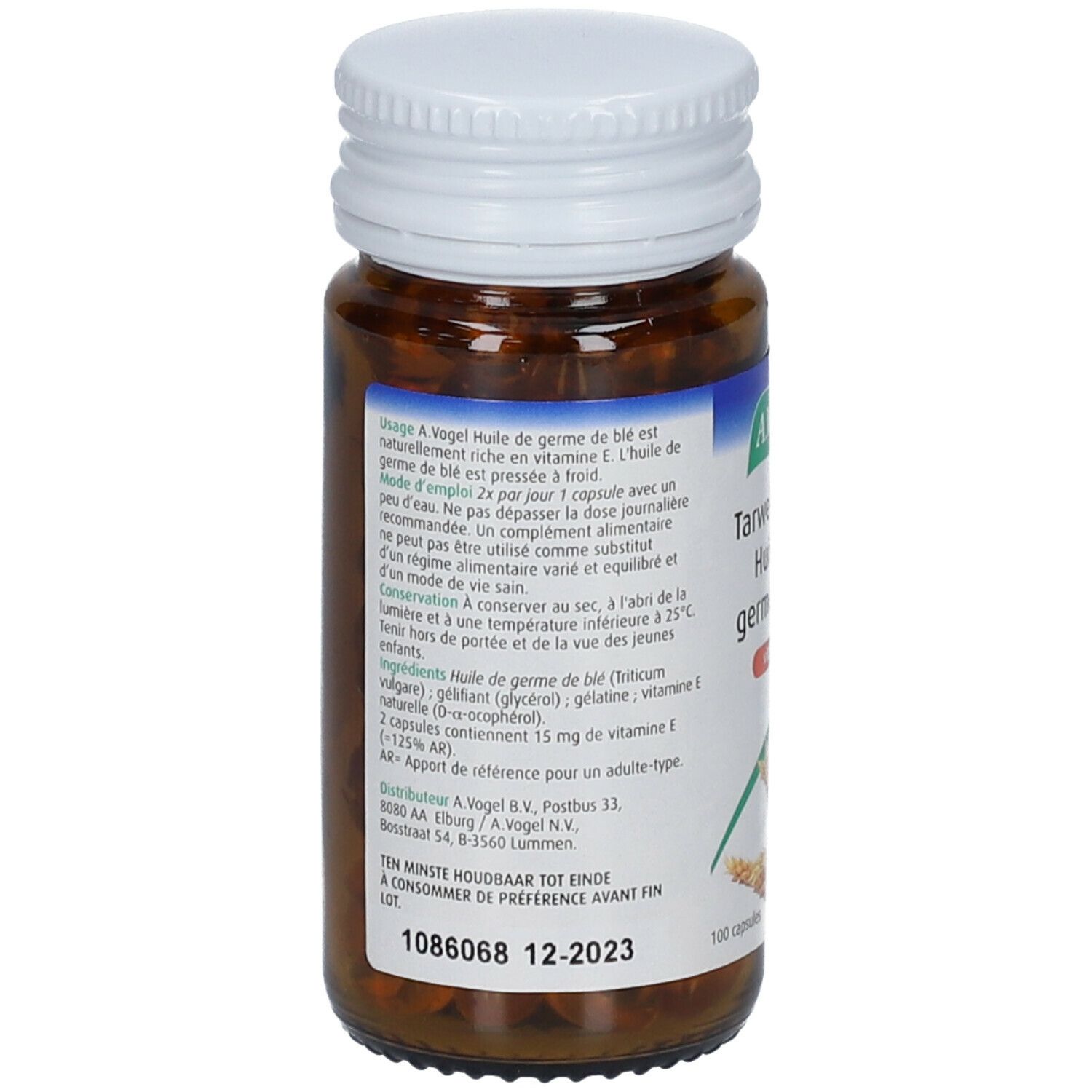 Dos du flacon en verre brun avec bouchon blanc. Étiquette avec informations sur le produit, marque A. Vogel et ingrédients. Contient 100 capsules.