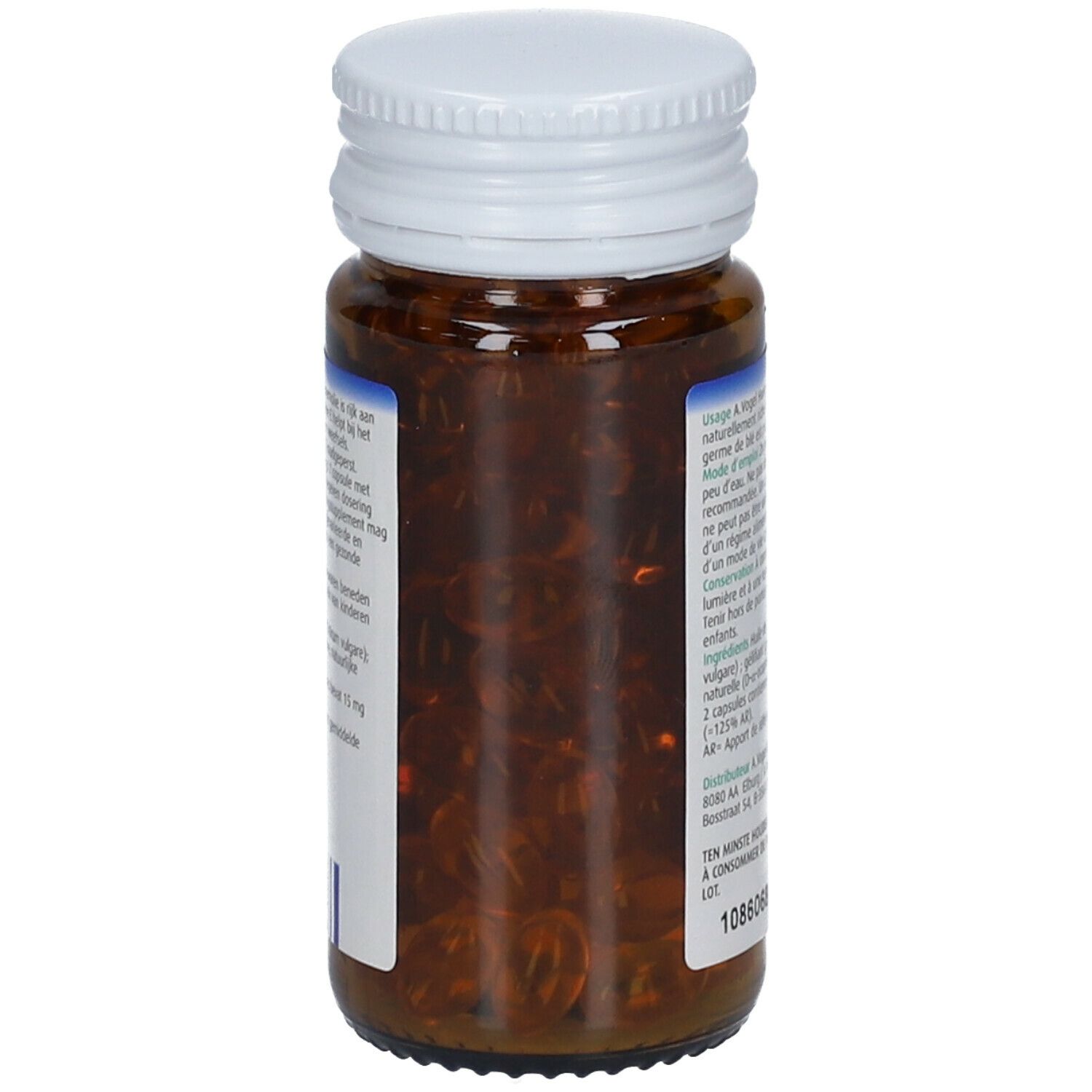 Flacon en verre brun avec bouchon blanc. Capsules visibles. Étiquette avec informations sur le produit, marque A. Vogel. Contient 100 capsules.