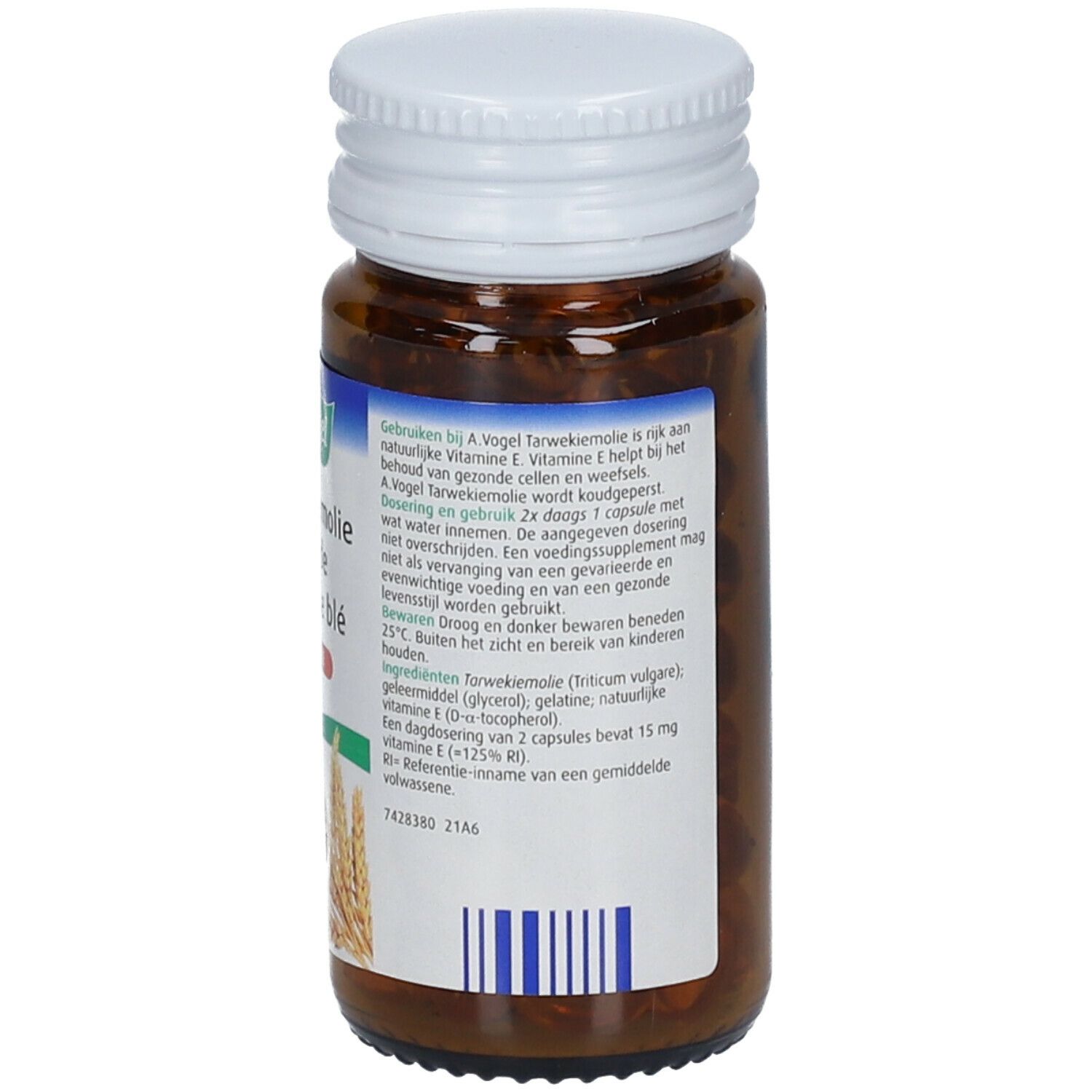 Dos du flacon en verre brun avec bouchon blanc. Étiquette avec informations sur le produit, marque A. Vogel et ingrédients. Contient 100 capsules.