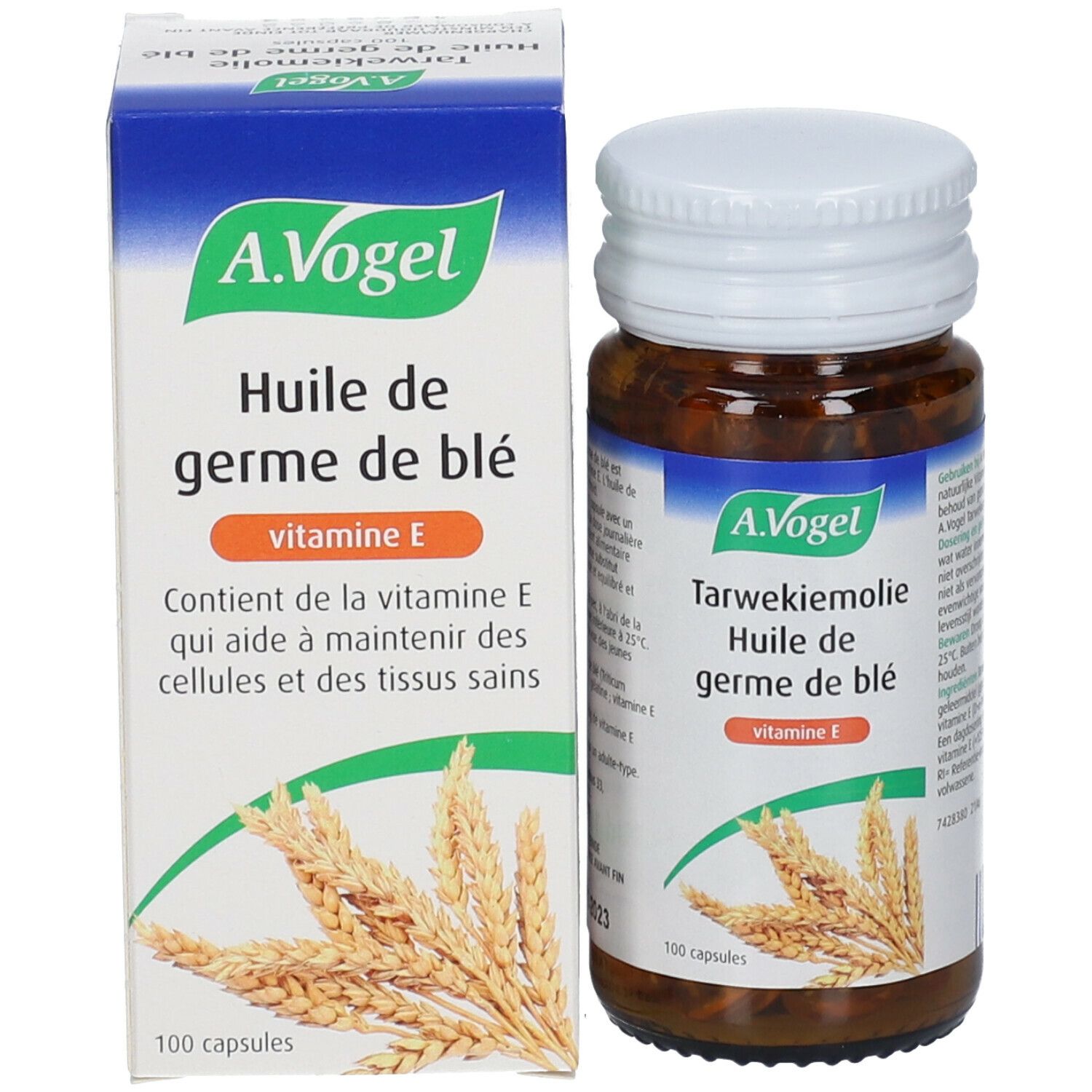 Emballage du produit avec flacon et boîte. Flacon : verre brun, bouchon blanc, étiquette. Boîte : blanc, bleu, nom du produit, marque A. Vogel.